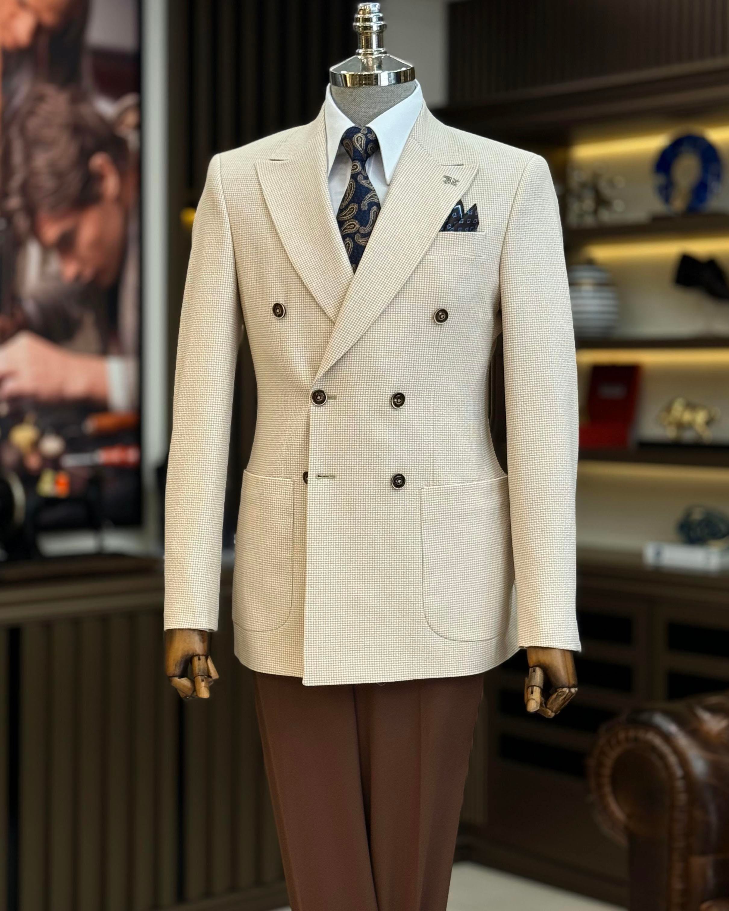 İtalyan stil slim fit kruvaze erkek ceket bej T12228