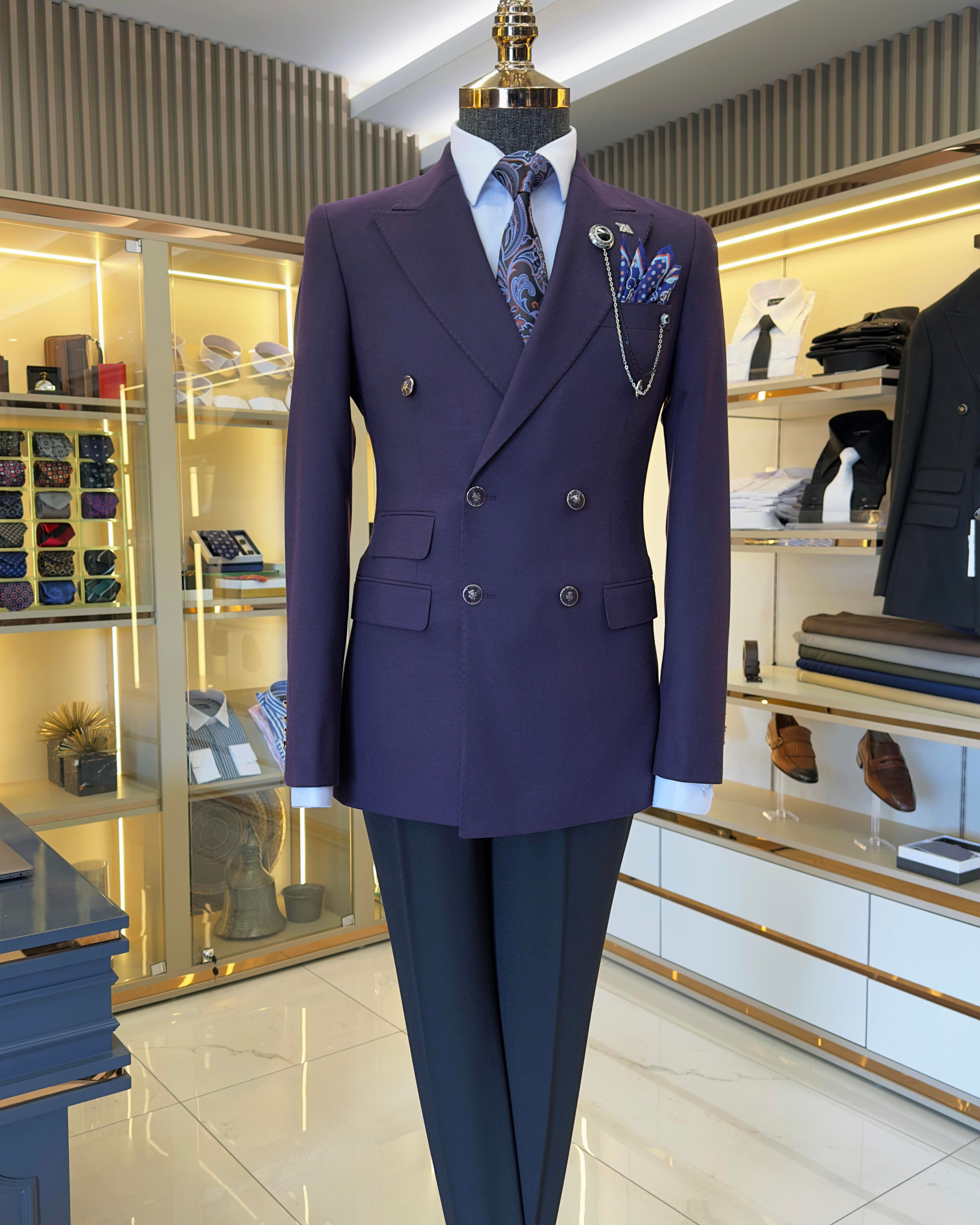 Italian style slim fit double-breasted men's jacket purple T10765