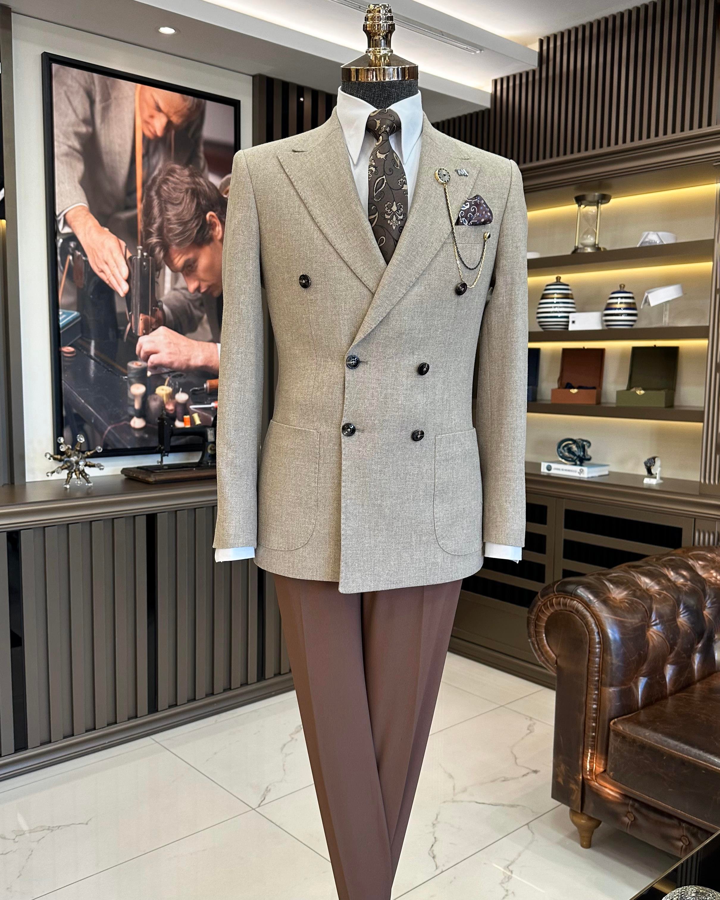 Italian style slim fit double-breasted men's jacket mink T10978