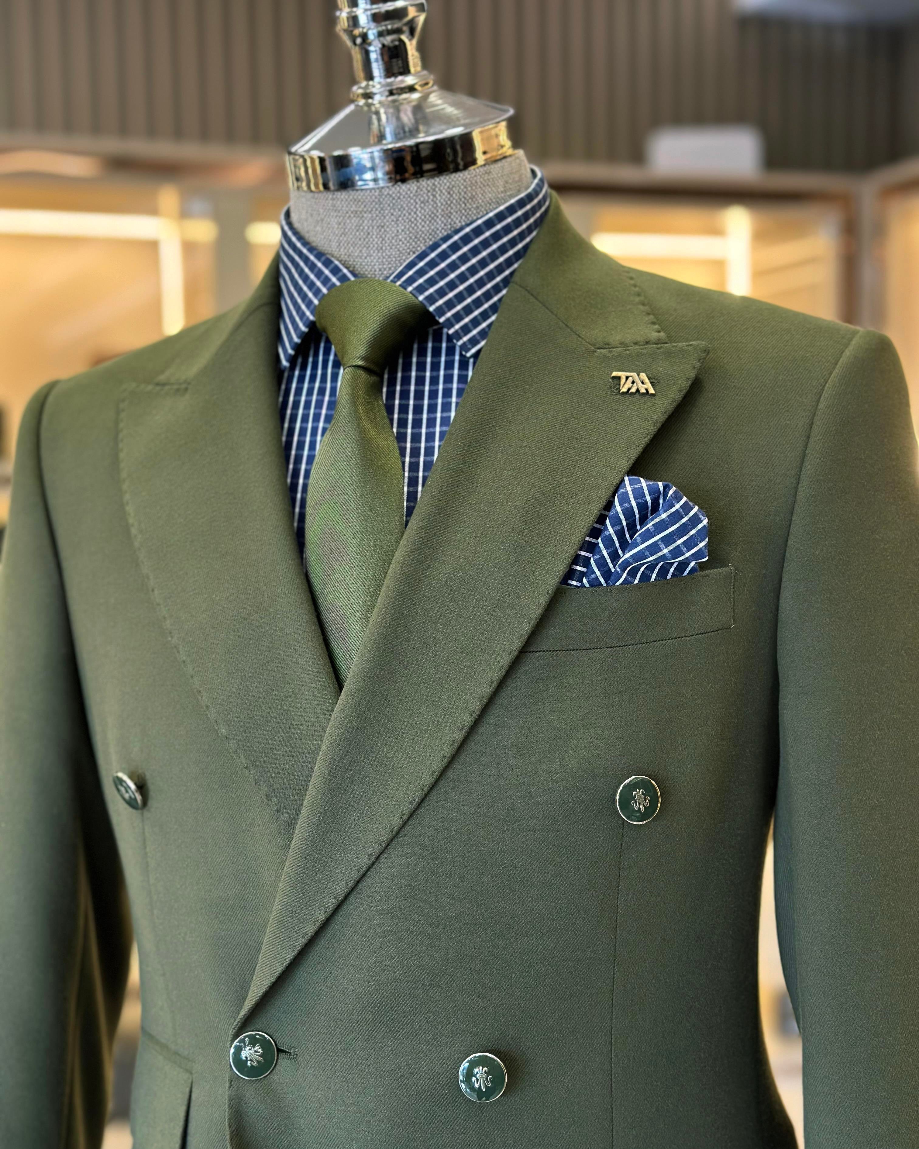  Italian style slim fit double-breasted men's jacket green T10767