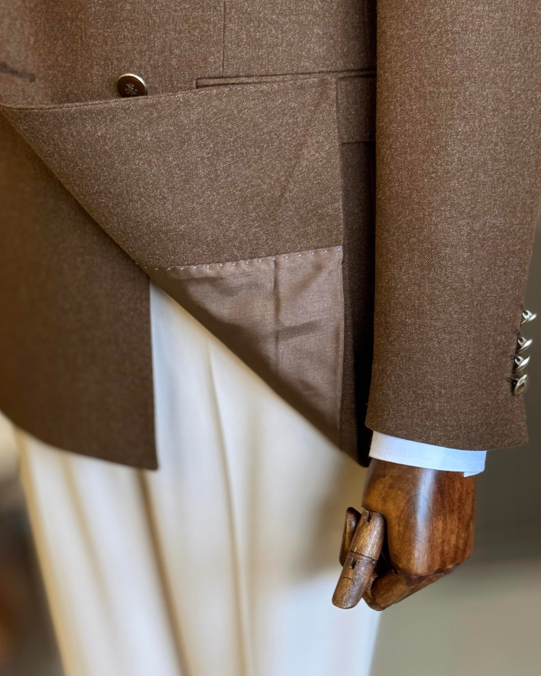 İtalyan stil slim fit kruvaze erkek ceket kahverengi T10742