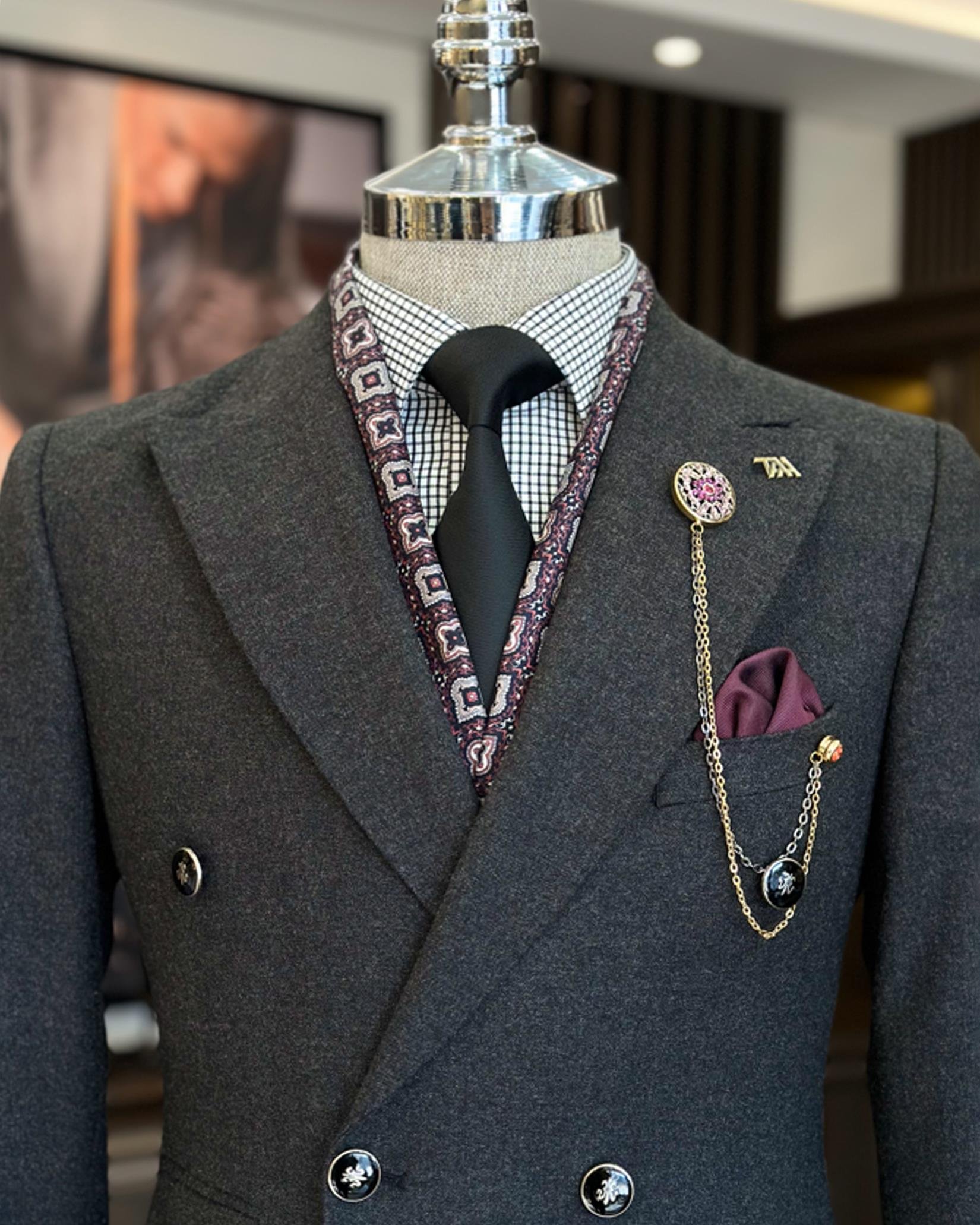 İtalyan stil slim fit kruvaze erkek ceket antrasit T10739