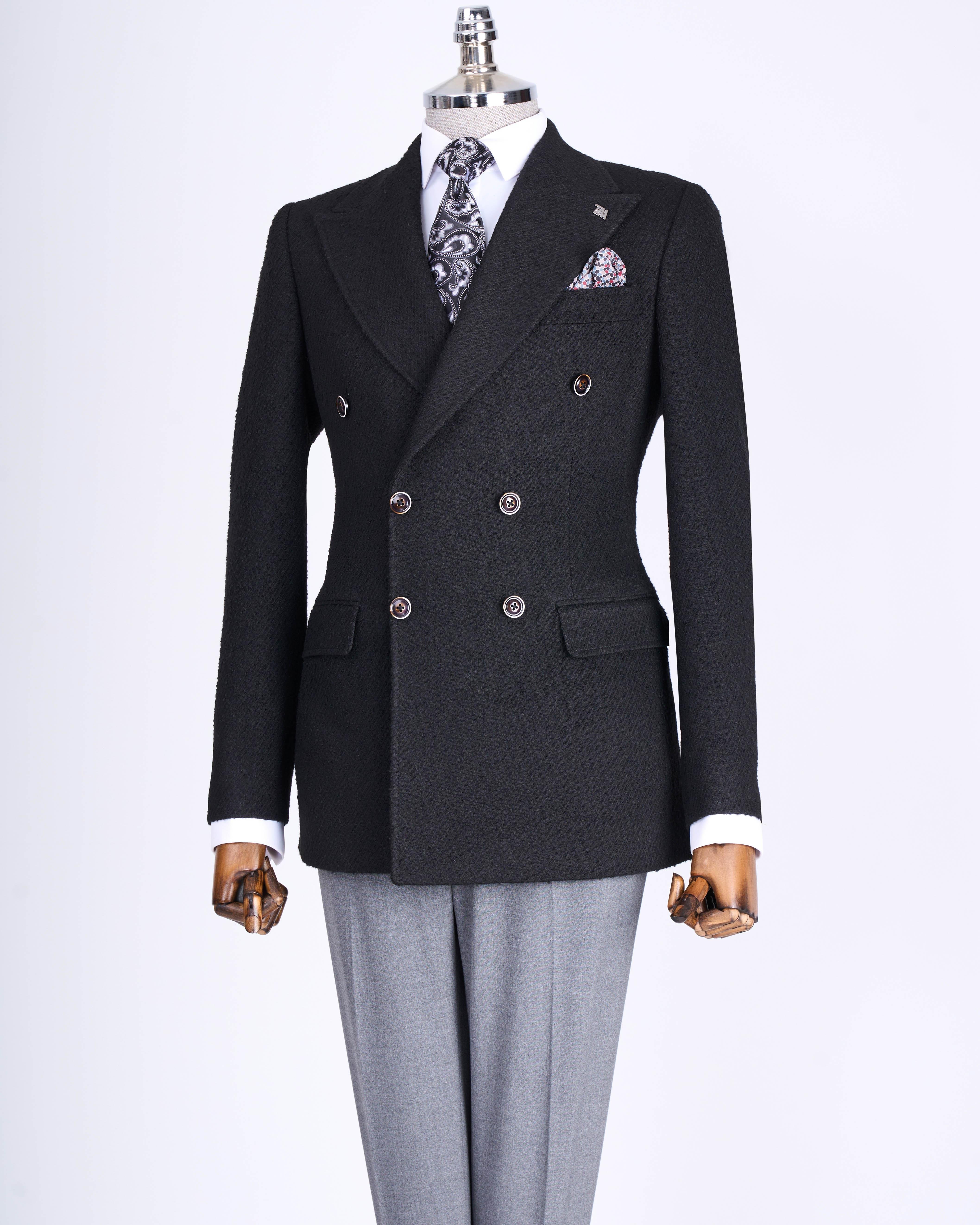 İtalyan stil slim fit kruvaze erkek tek ceket siyah T13354