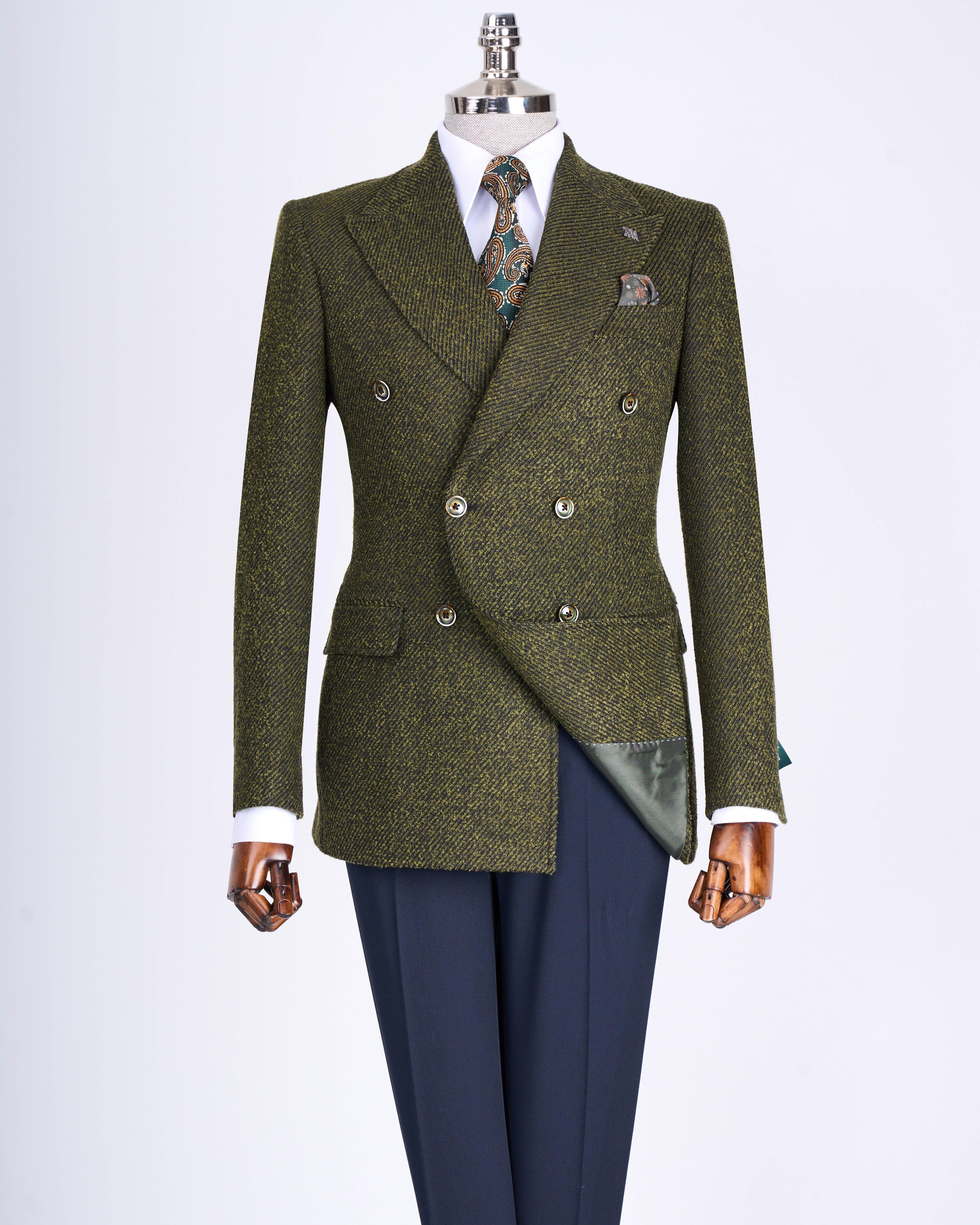 İtalyan stil slim fit kruvaze erkek tek ceket yeşil T13355
