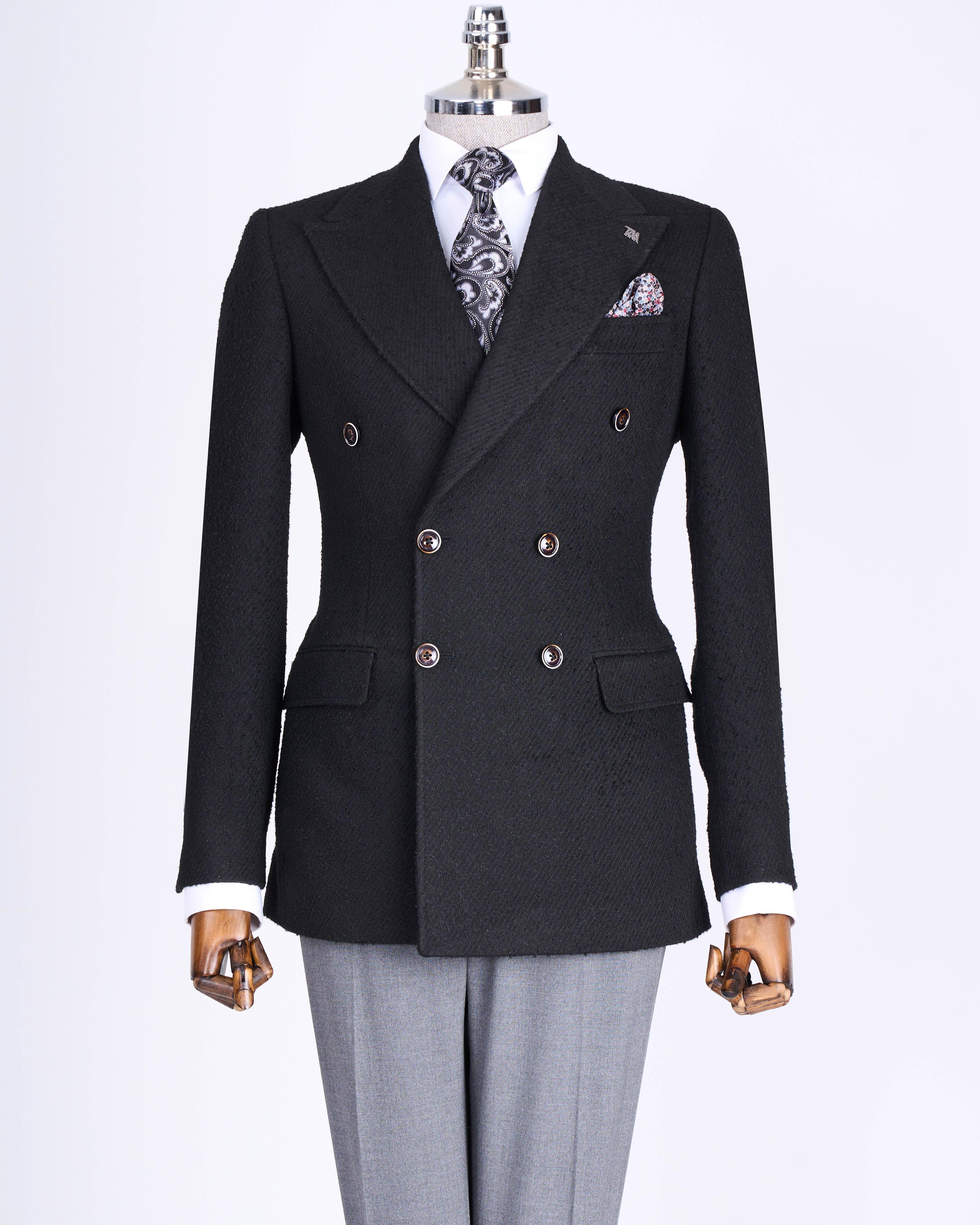 İtalyan stil slim fit kruvaze erkek tek ceket siyah T13354