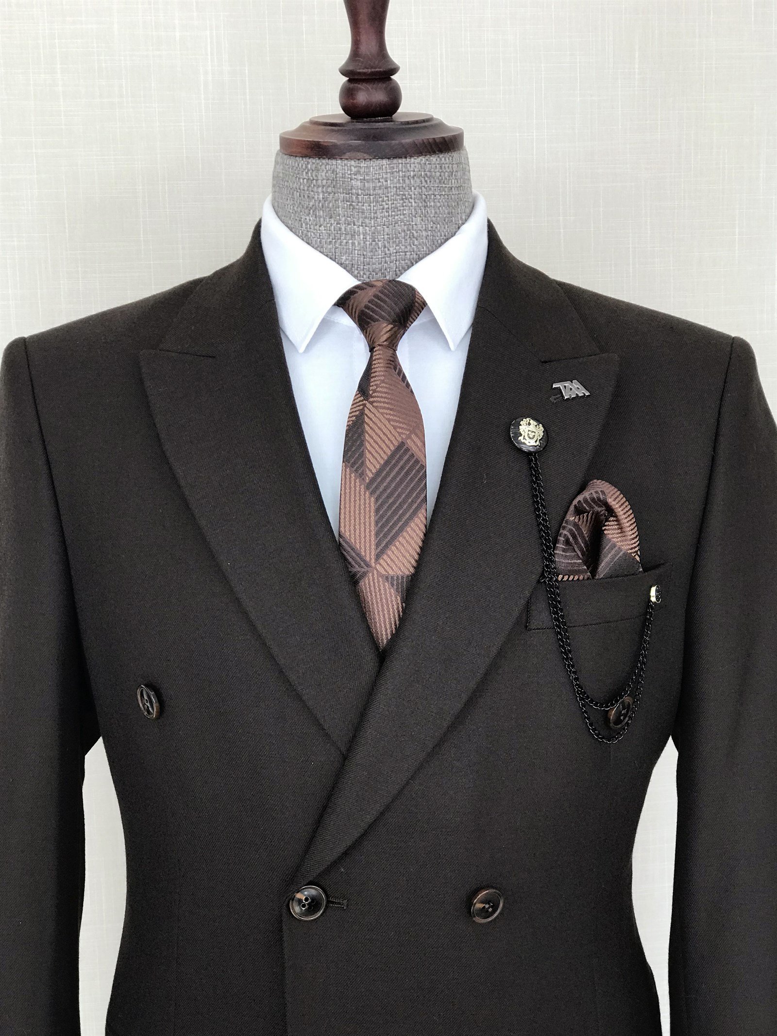 İtalyan stil slim fit kruvaze erkek tek ceket Kahverengi T8761