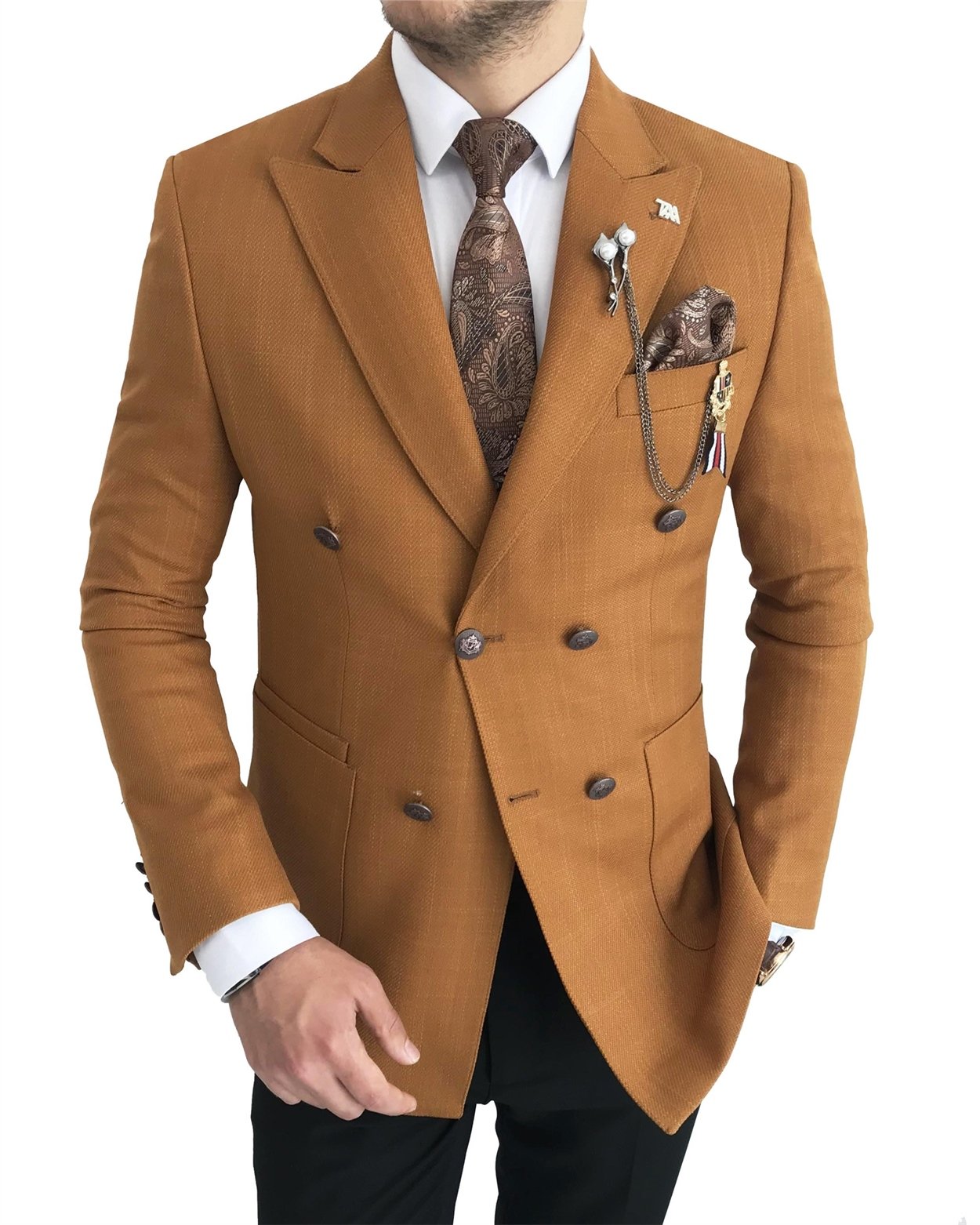 İtalyan stil slim fit kruvaze erkek tek ceket Camel T7684