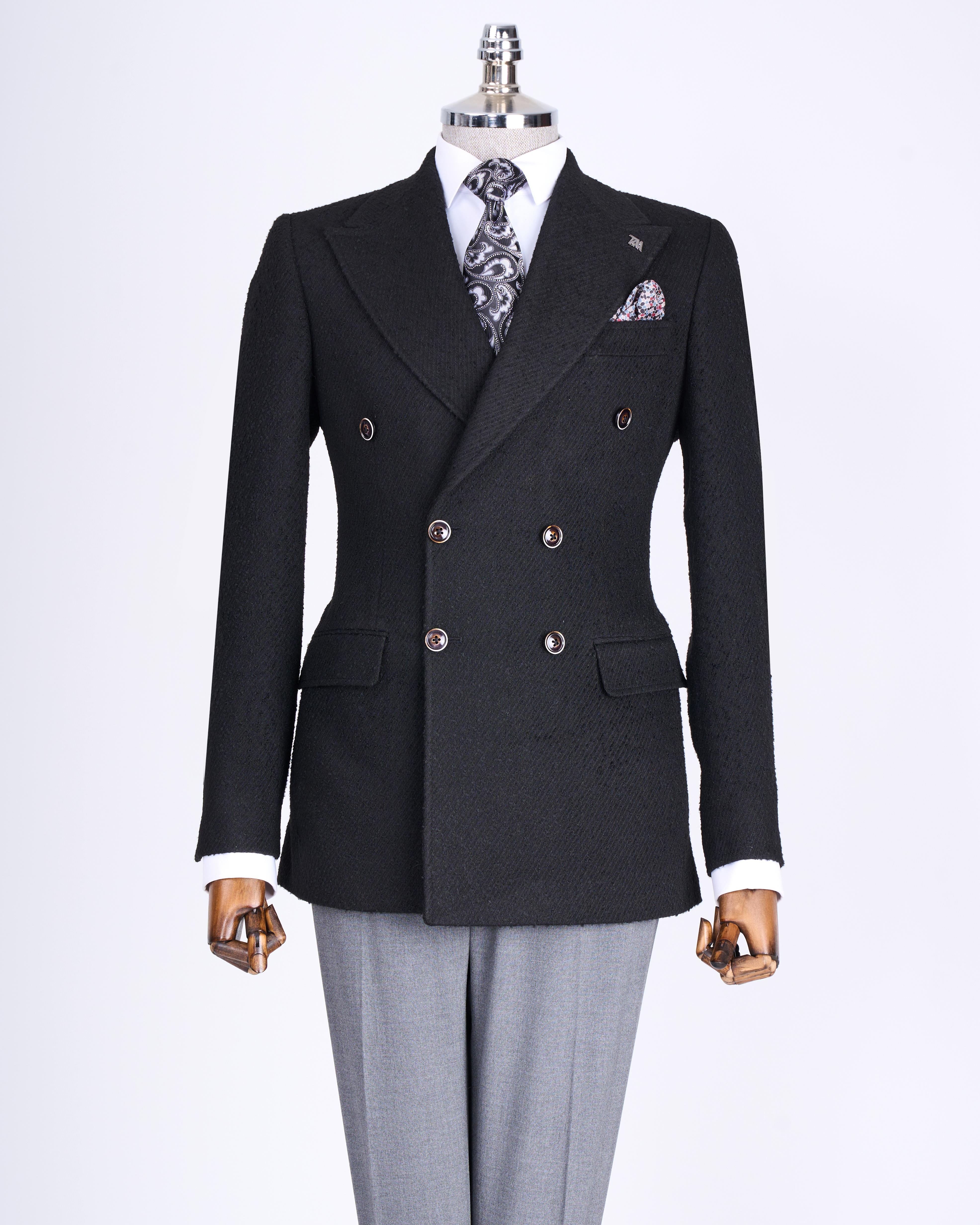 İtalyan stil slim fit kruvaze erkek tek ceket siyah T13354