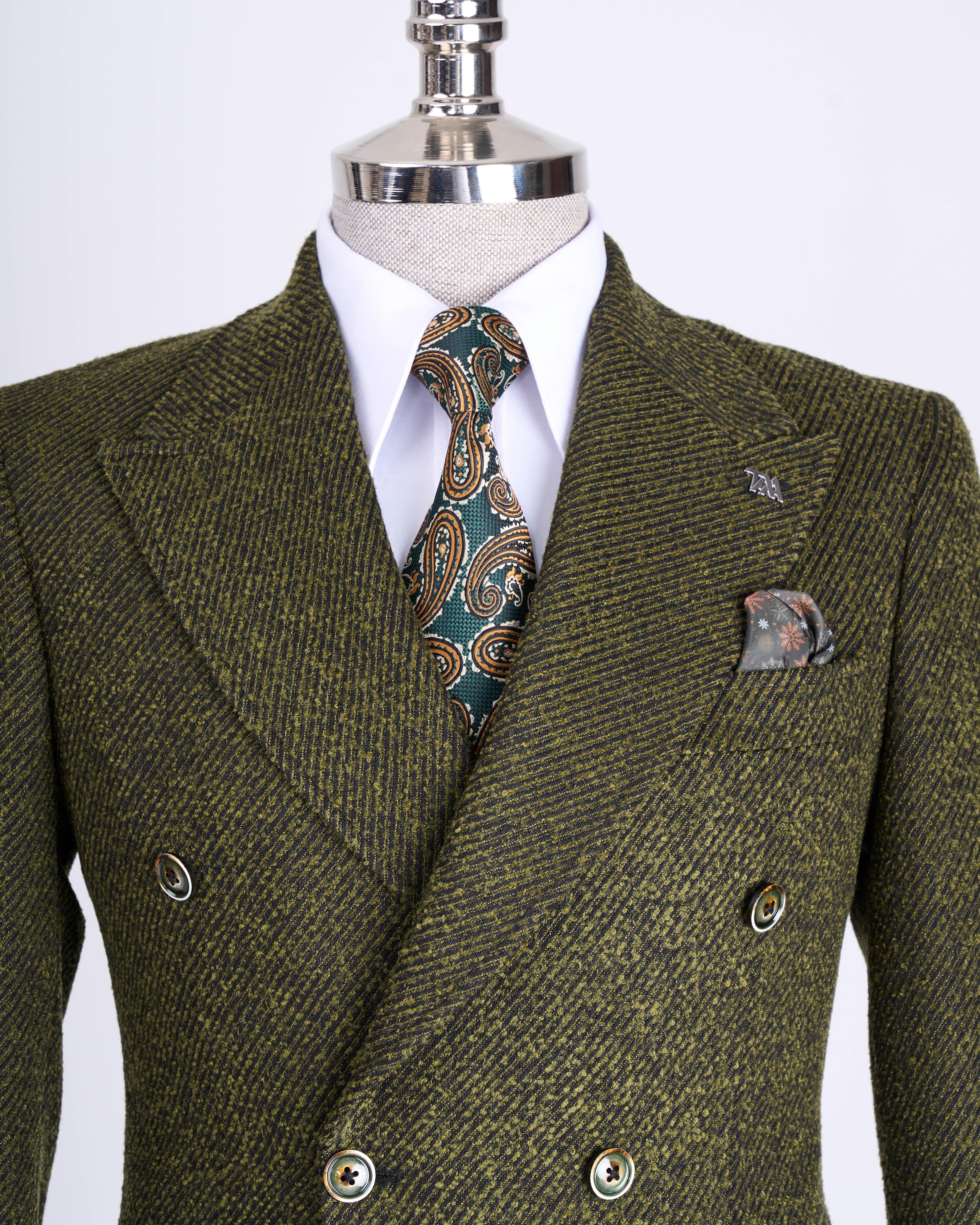 İtalyan stil slim fit kruvaze erkek tek ceket yeşil T13355