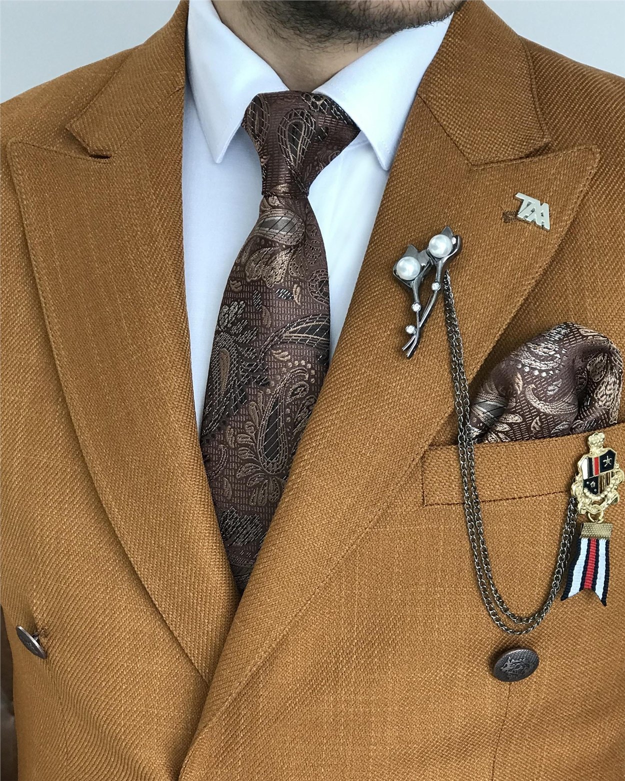 İtalyan stil slim fit kruvaze erkek tek ceket Camel T7684
