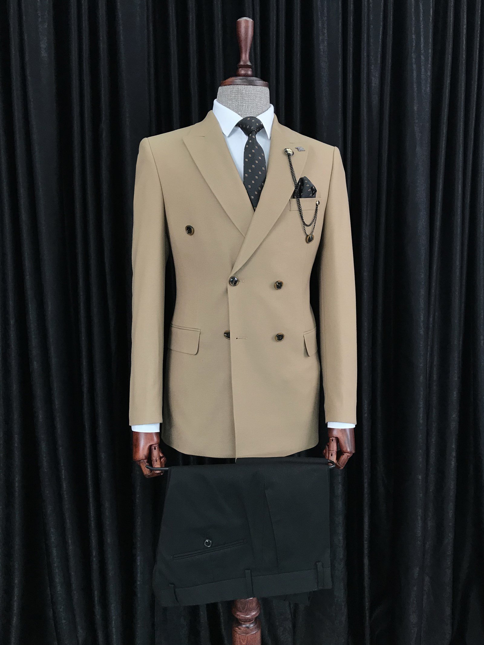 İtalyan stil slim fit kruvaze erkek tek ceket Bej T8757