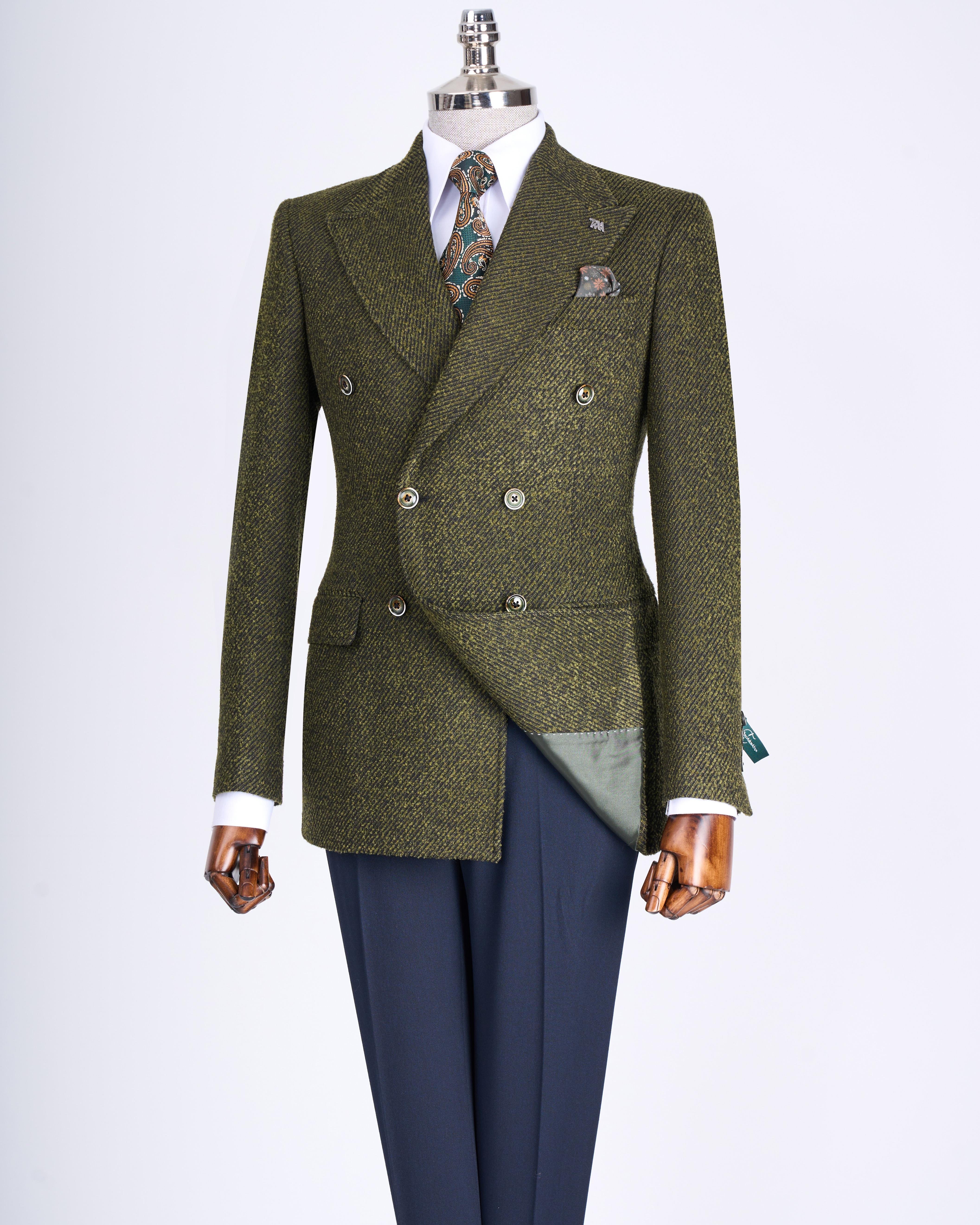 İtalyan stil slim fit kruvaze erkek tek ceket yeşil T13355