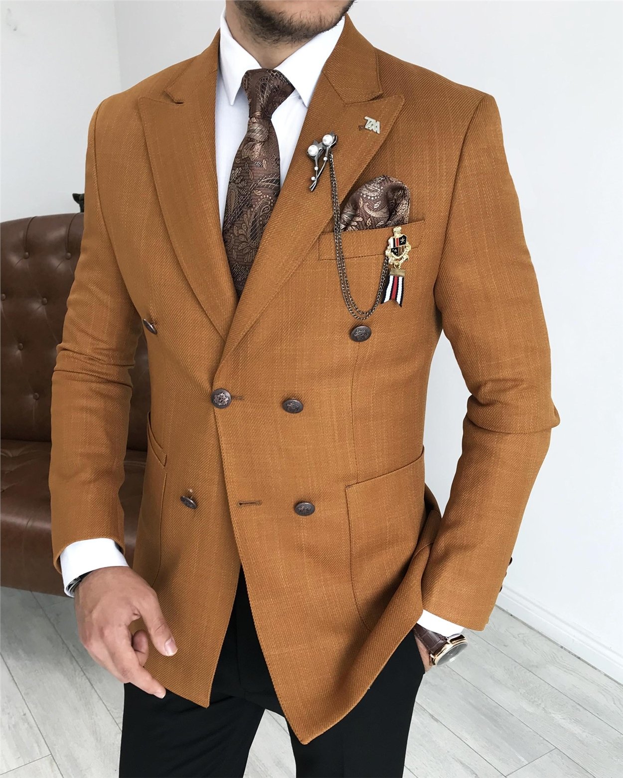İtalyan stil slim fit kruvaze erkek tek ceket Camel T7684