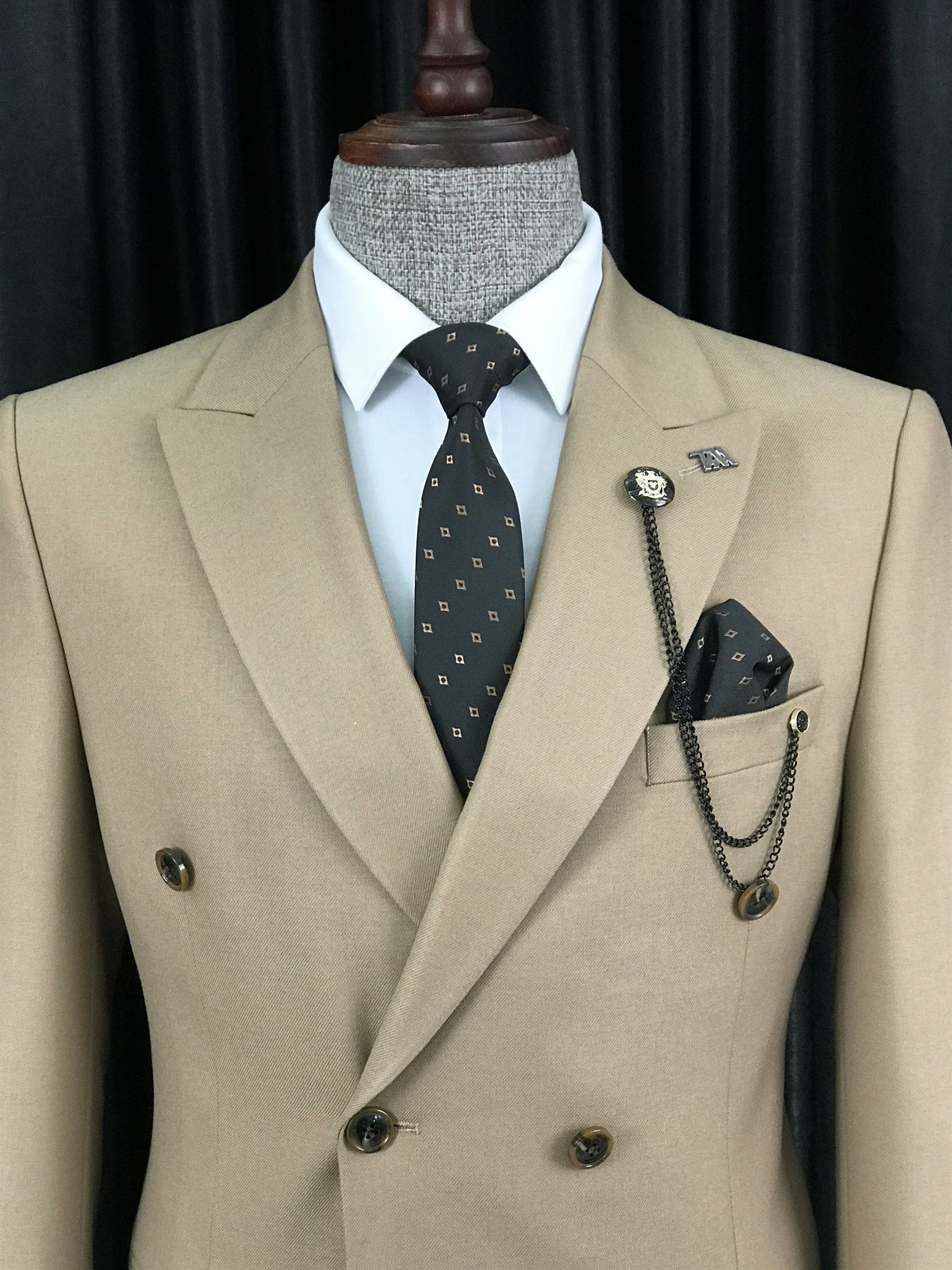 İtalyan stil slim fit kruvaze erkek tek ceket Bej T8757