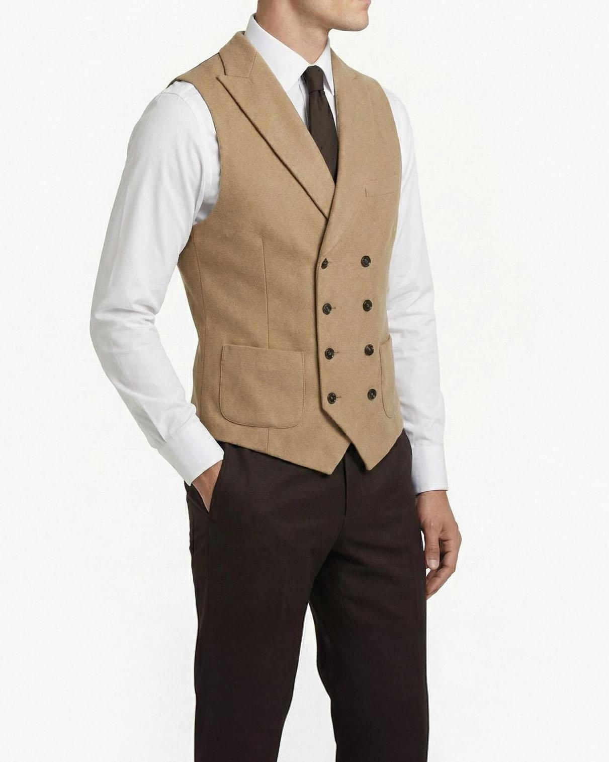 İtalyan stil slim fit kruvaze kaşe cepken yelek camel T10631