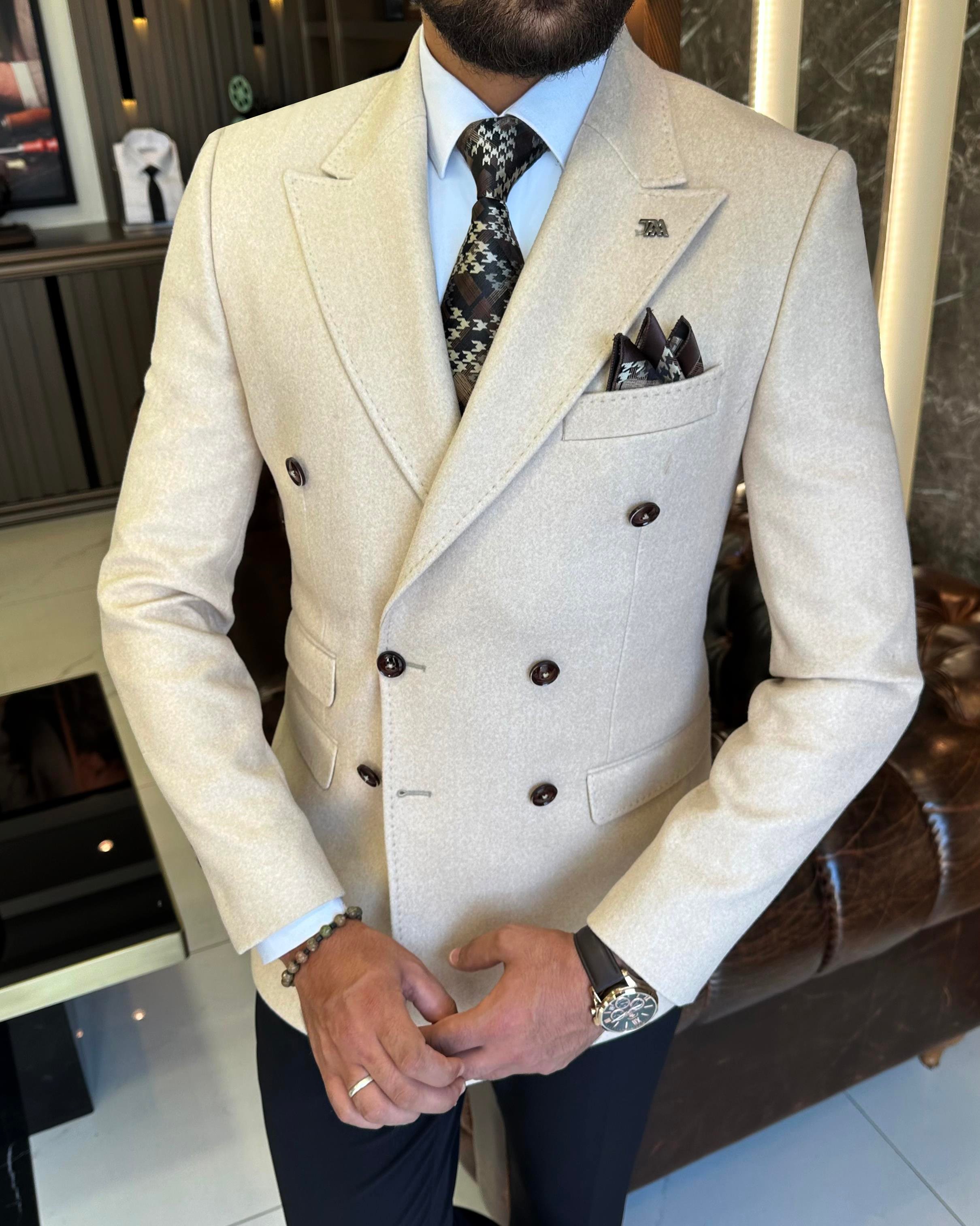 İtalyan stil slim fit kruvaze kaşe erkek ceket bej T10297