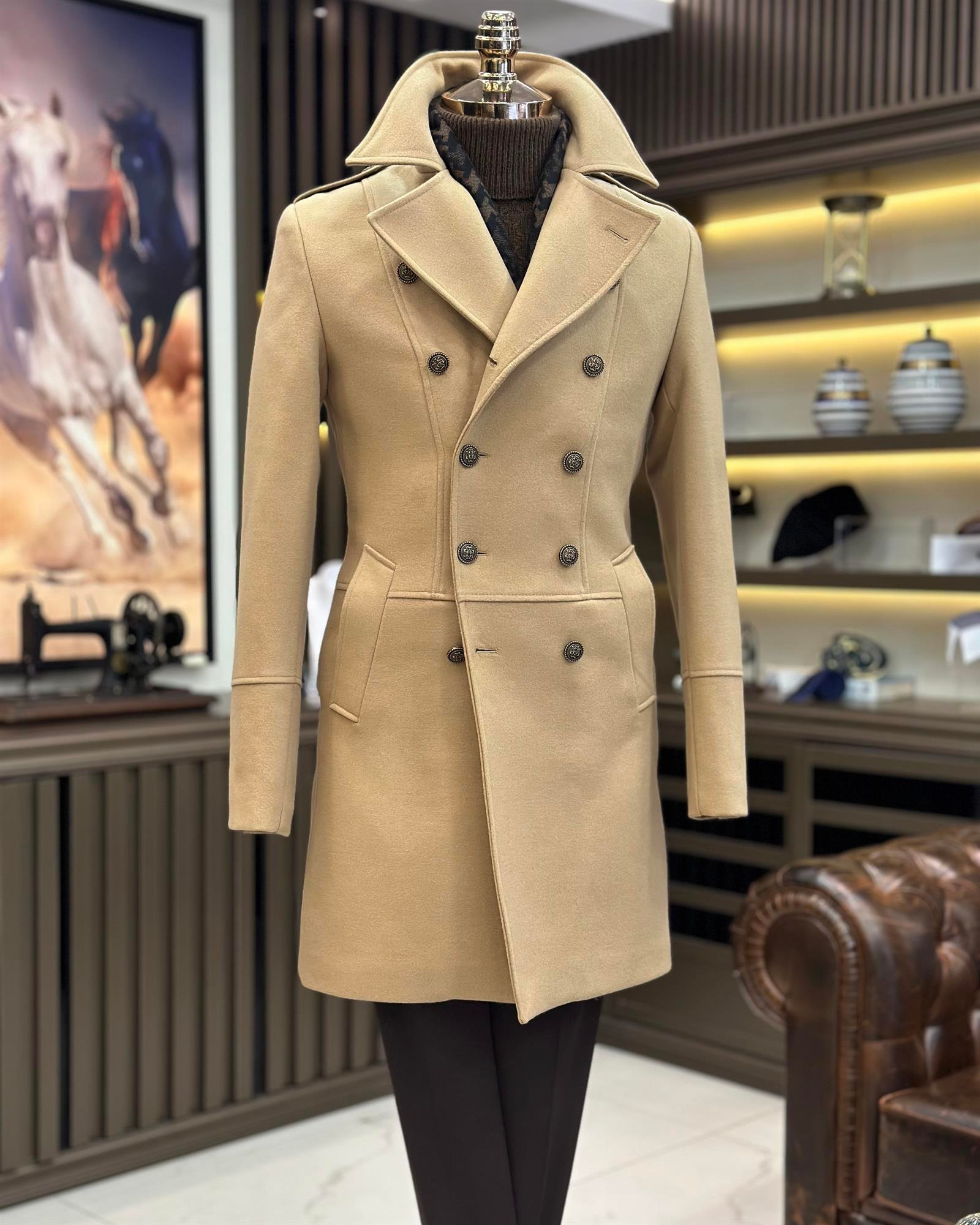 İtalyan stil slim fit kruvaze kaşe kaban camel T10015