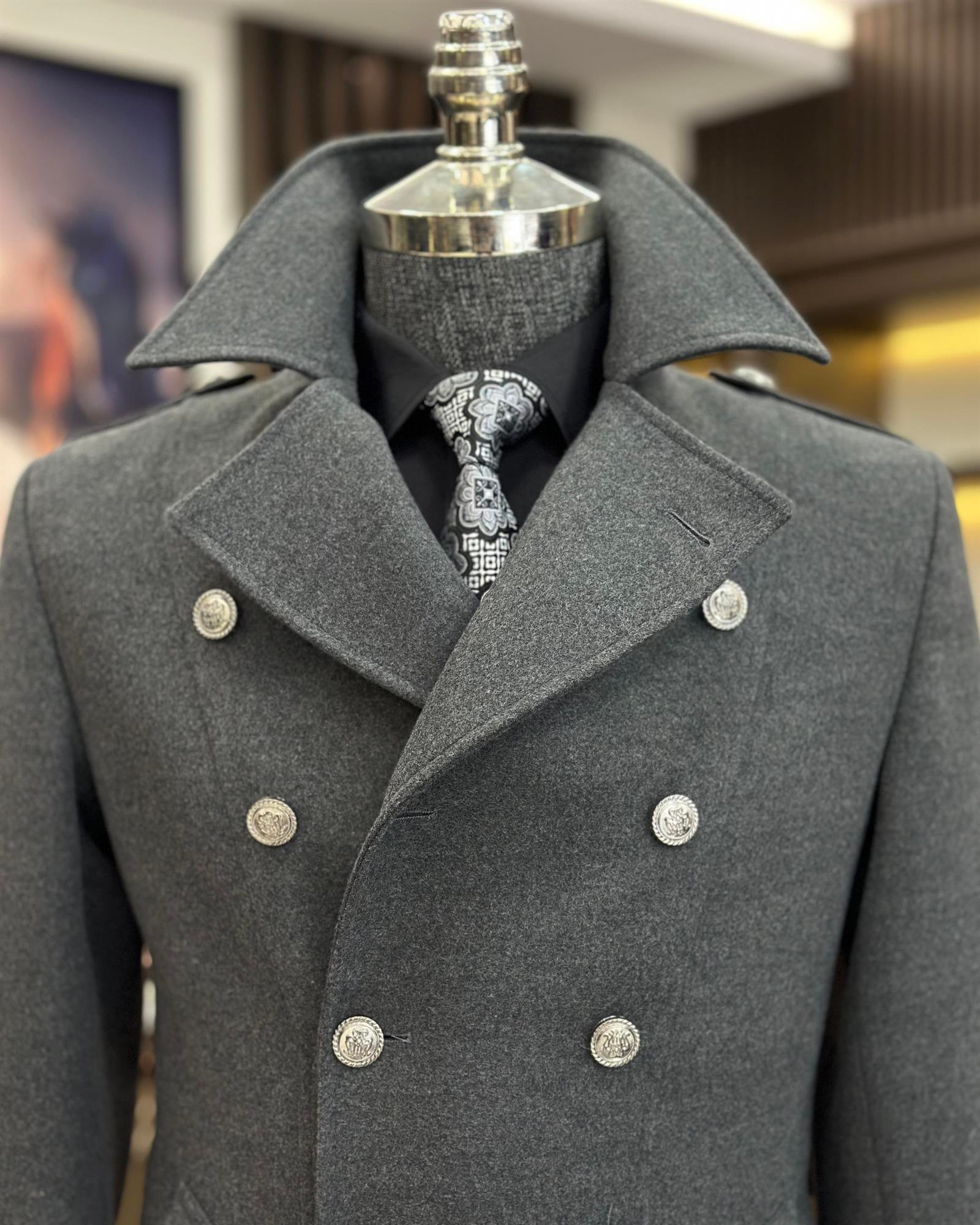 İtalyan stil slim fit kruvaze kaşe kaban antrasit T10016