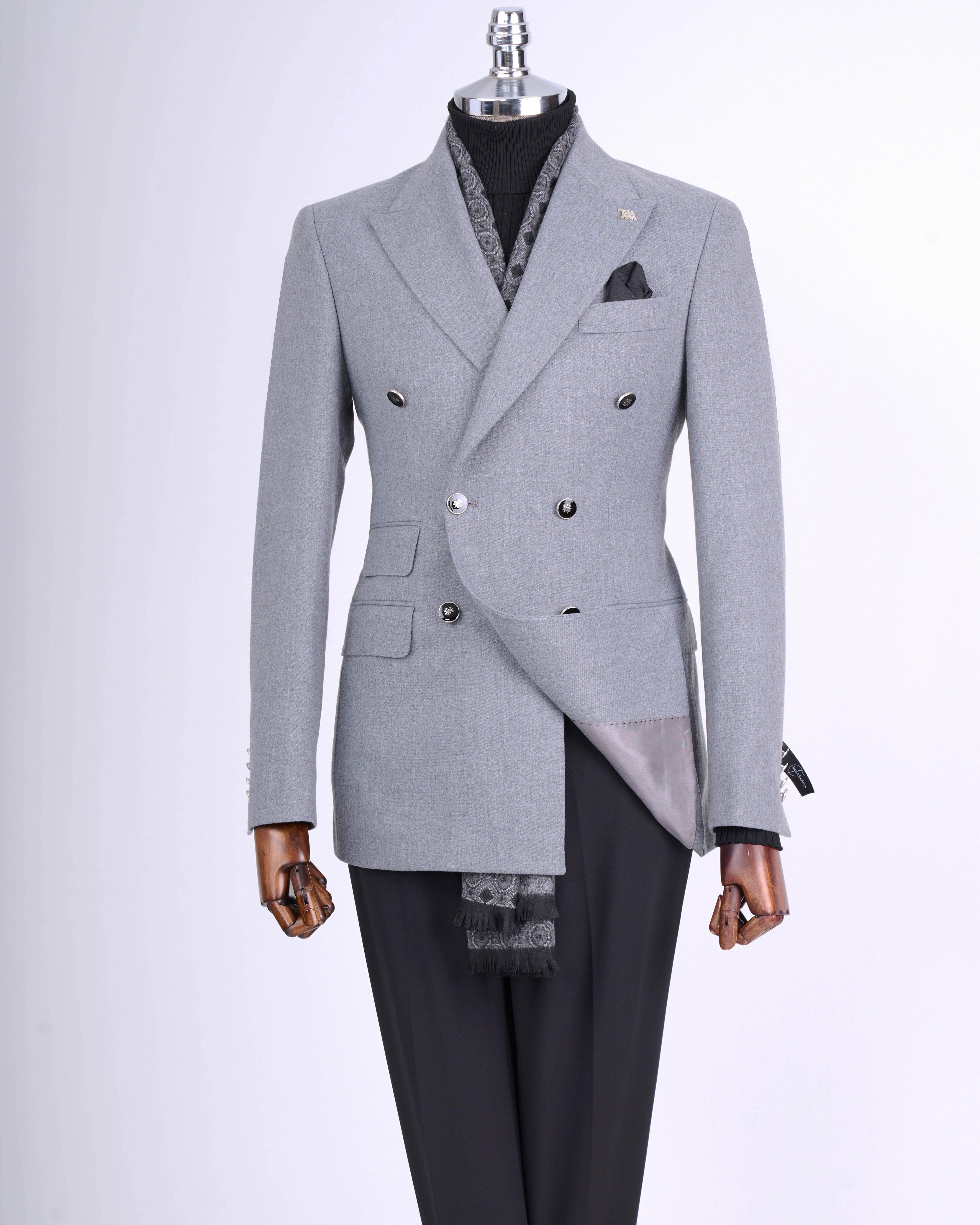 İtalyan stil slim fit kruvaze sivri yaka erkek ceket gri T13296