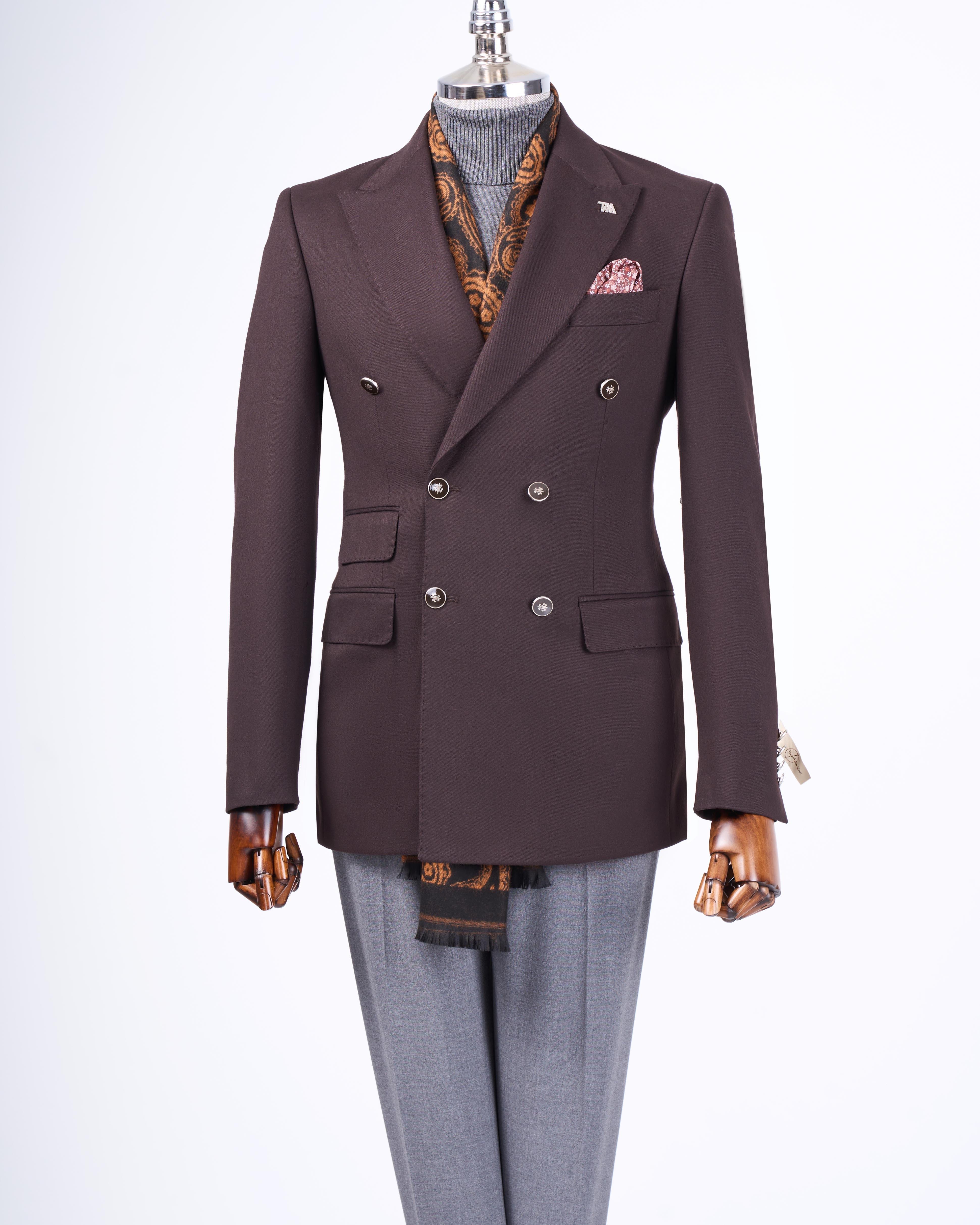 İtalyan stil slim fit kruvaze sivri yaka erkek ceket kahverengi T13294
