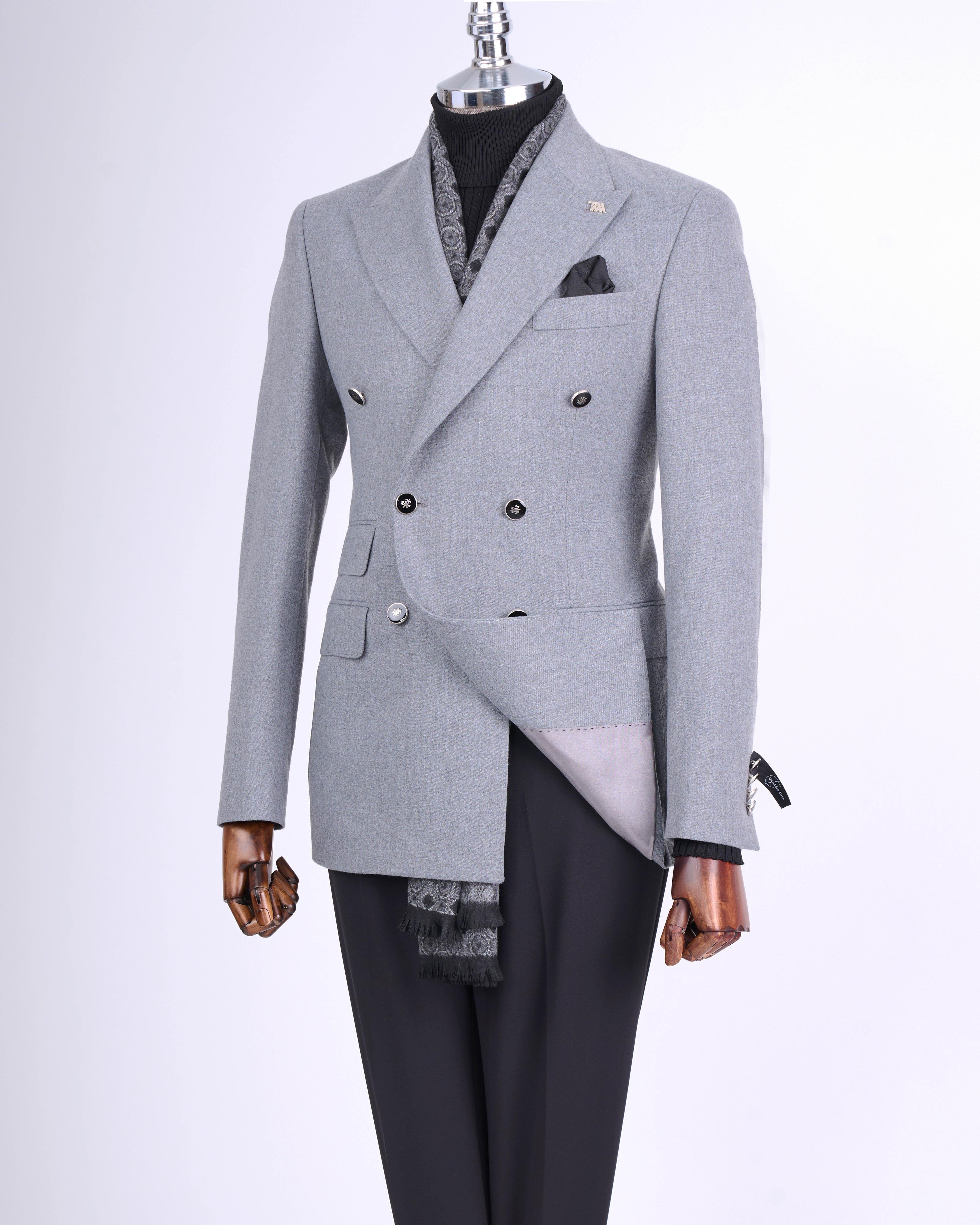 İtalyan stil slim fit kruvaze sivri yaka erkek ceket gri T13296