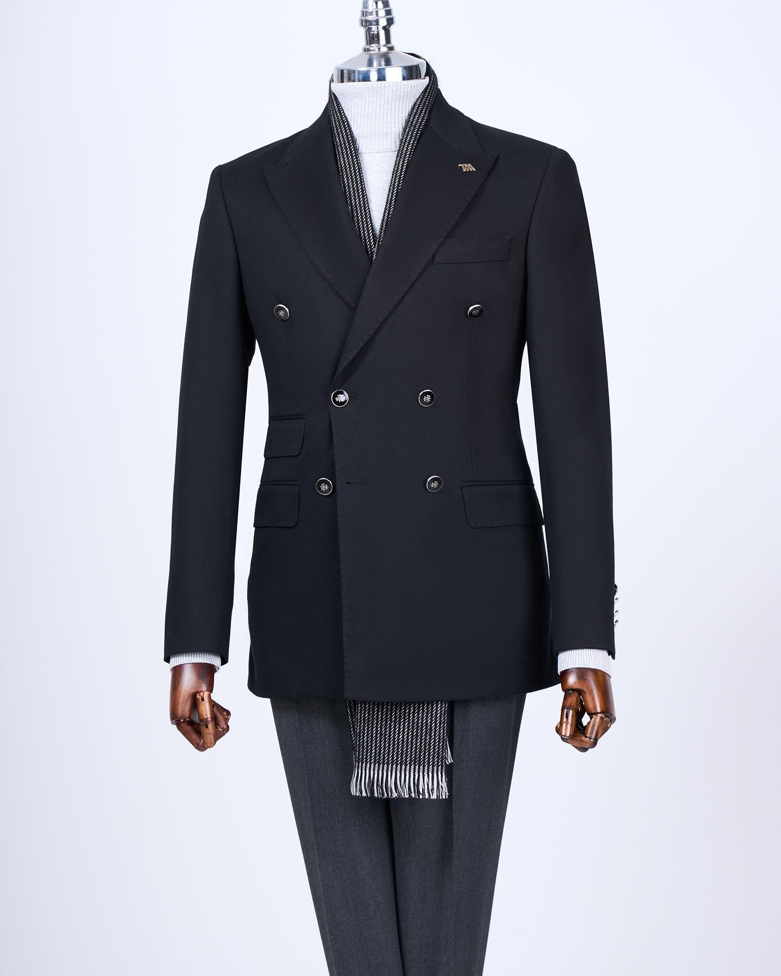 İtalyan stil slim fit kruvaze sivri yaka erkek ceket siyah T13290