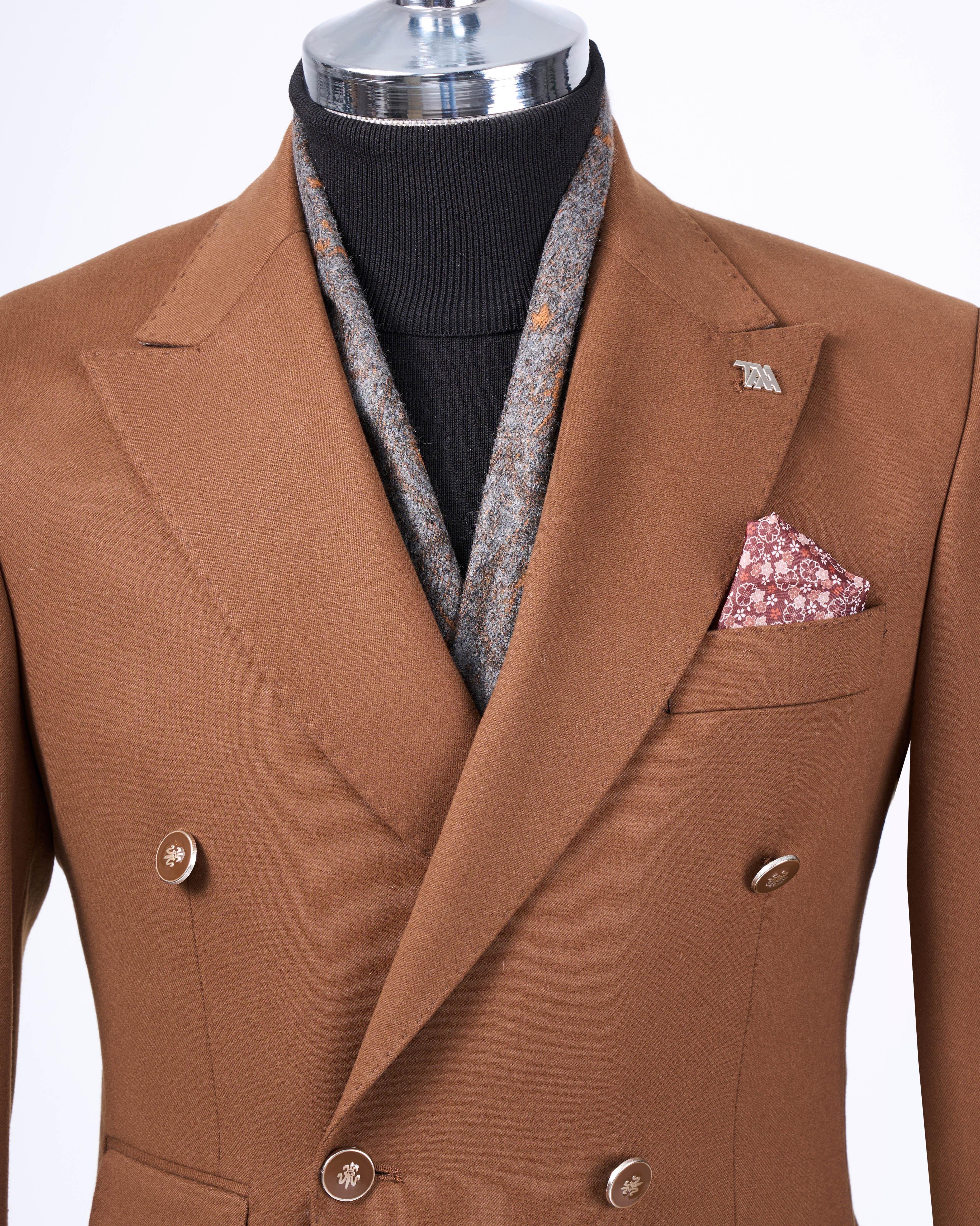İtalyan stil slim fit kruvaze sivri yaka erkek ceket kahverengi T13295