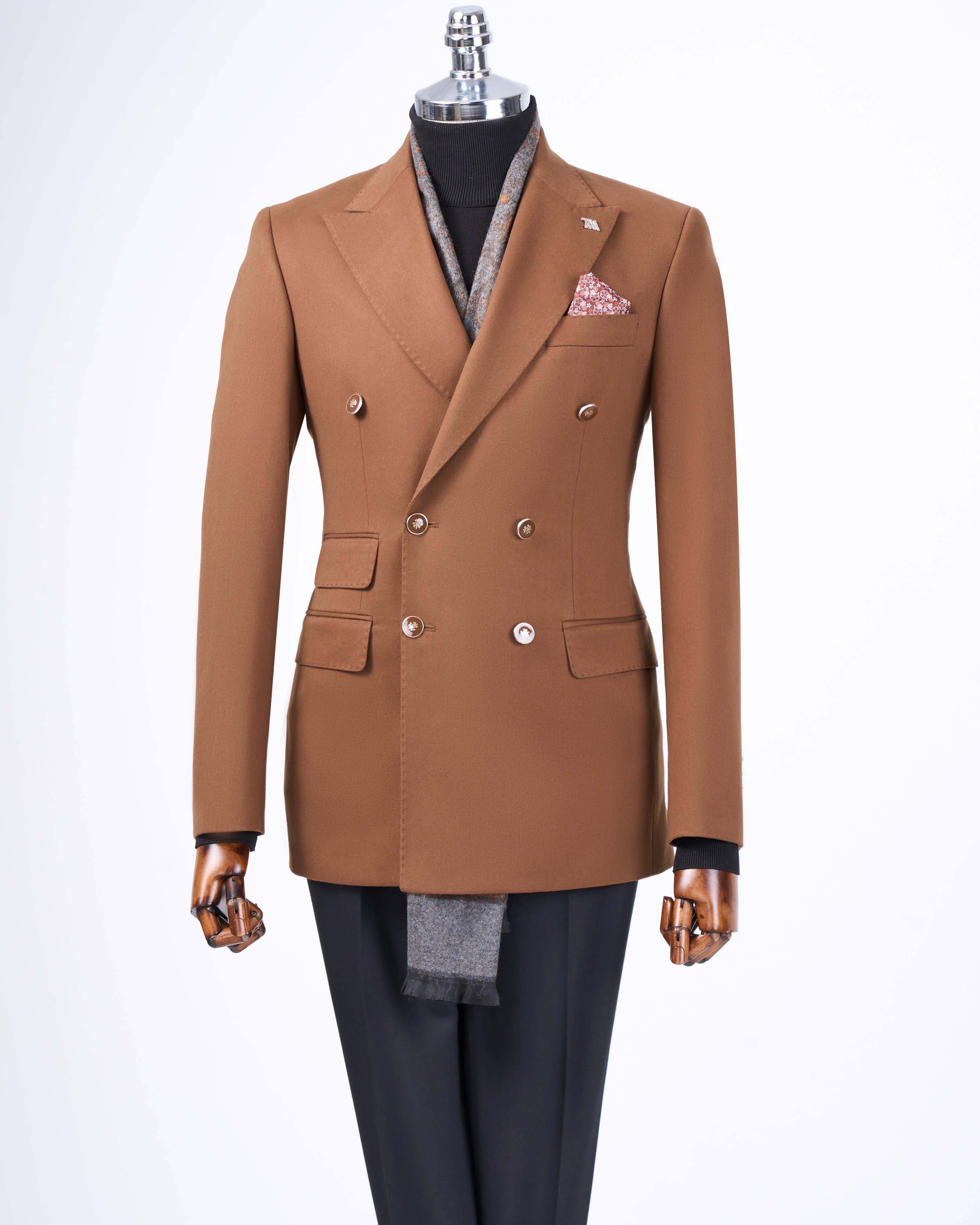 İtalyan stil slim fit kruvaze sivri yaka erkek ceket kahverengi T13295