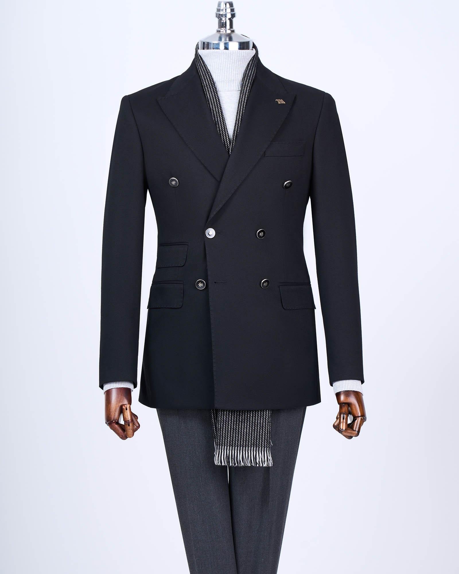İtalyan stil slim fit kruvaze sivri yaka erkek ceket siyah T13290