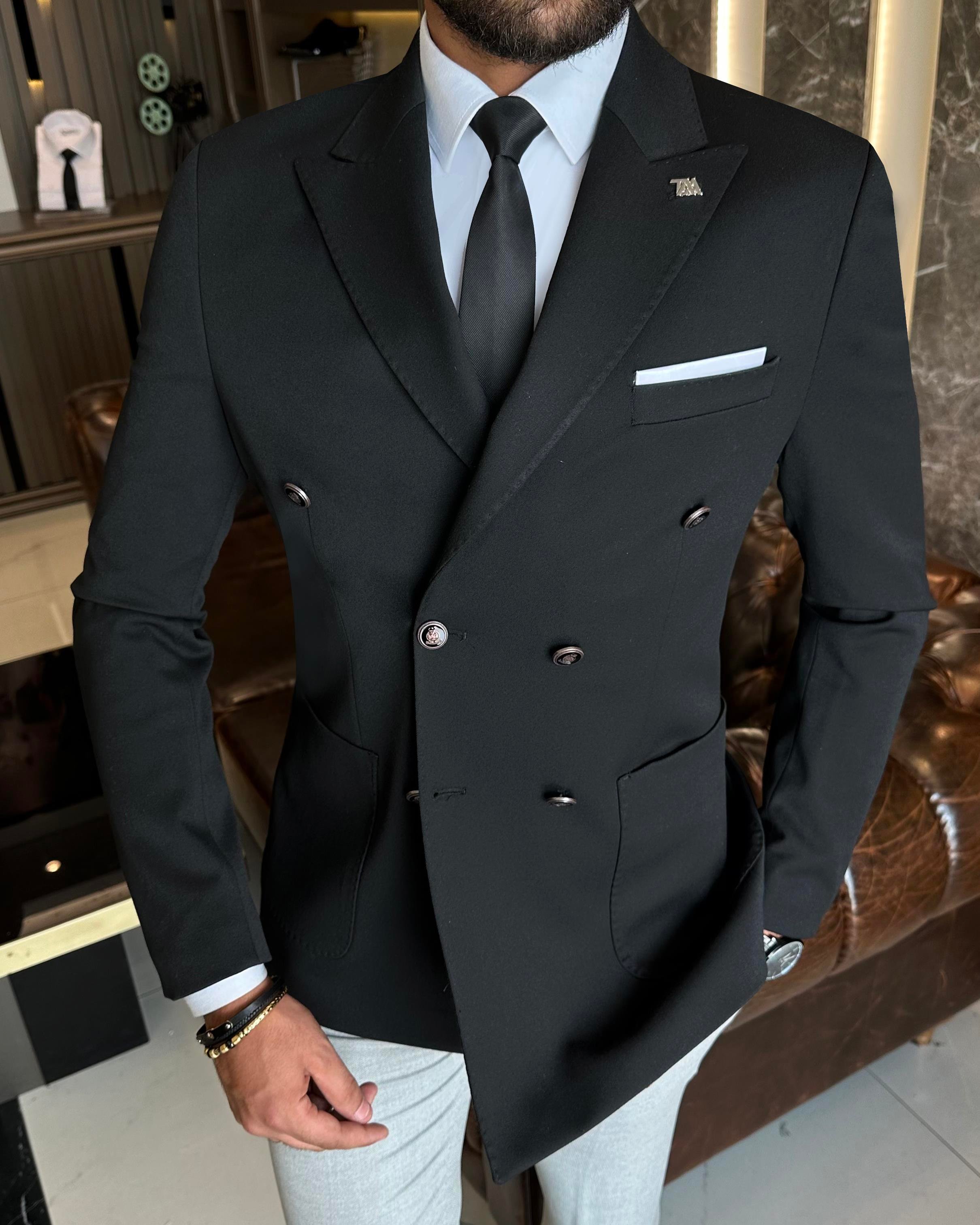 Italian style slim fit double breasted bag pocket men's jacket black T10361