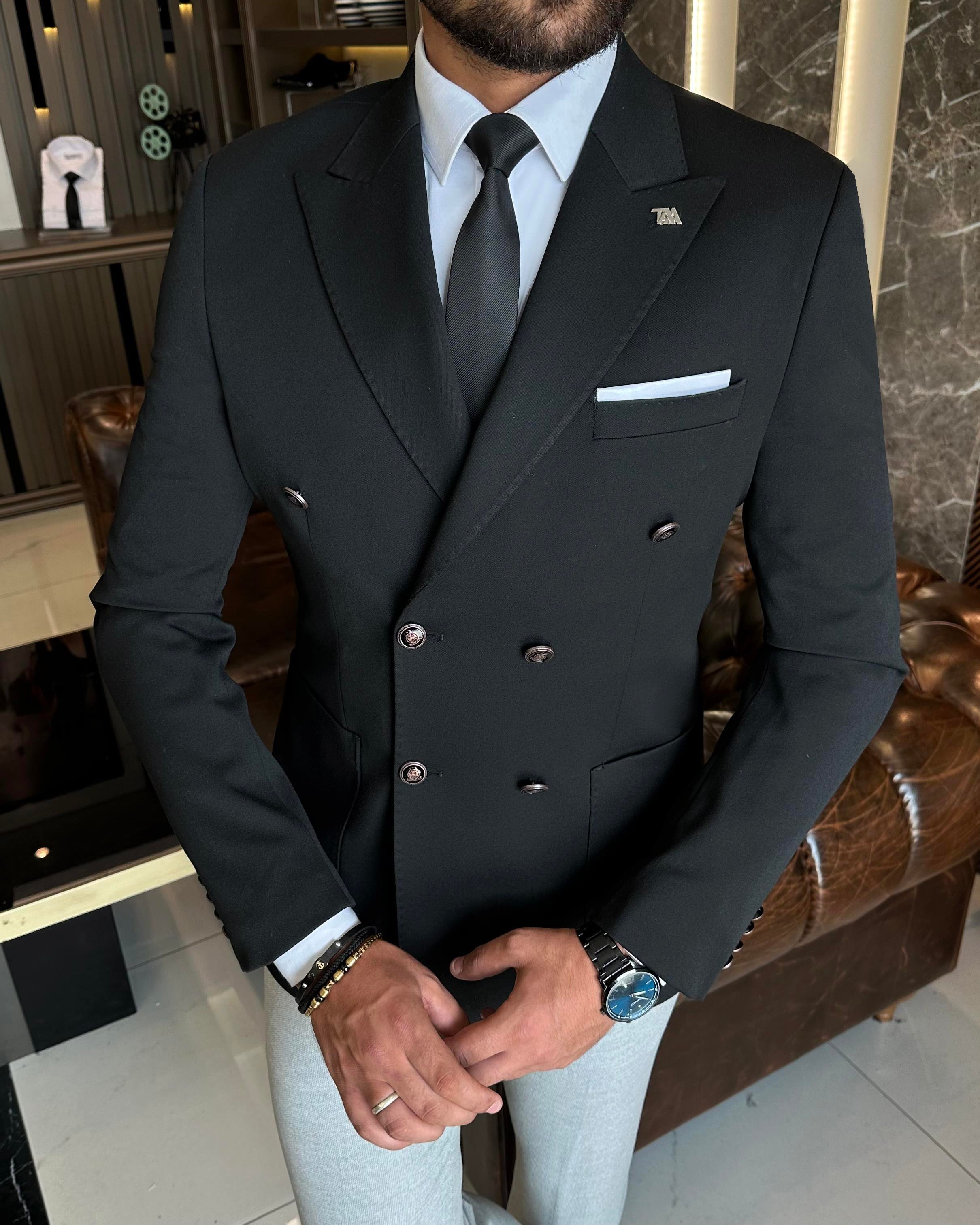Italian style slim fit double breasted bag pocket men's jacket black T10361