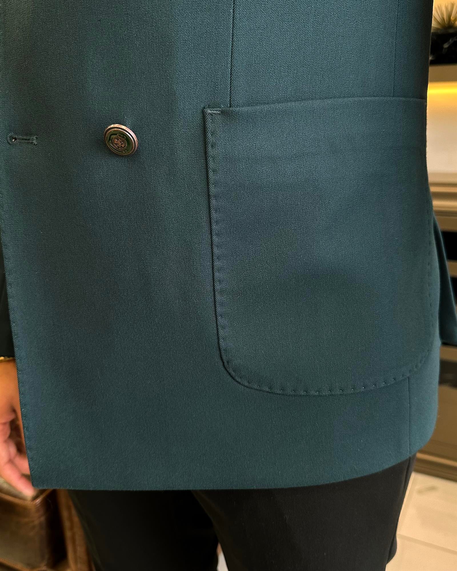 İtalyan stil slim fit kruvaze torba cep erkek ceket yeşil T10364