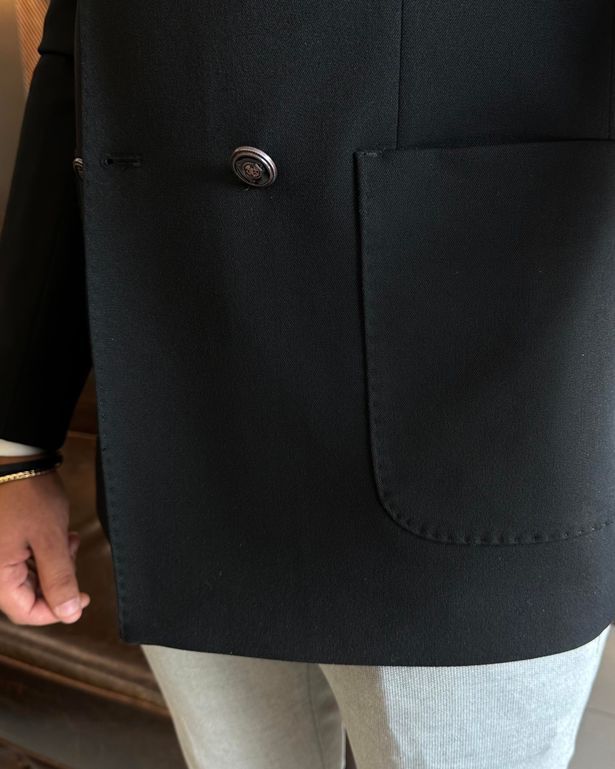 Italian style slim fit double breasted bag pocket men's jacket black T10361