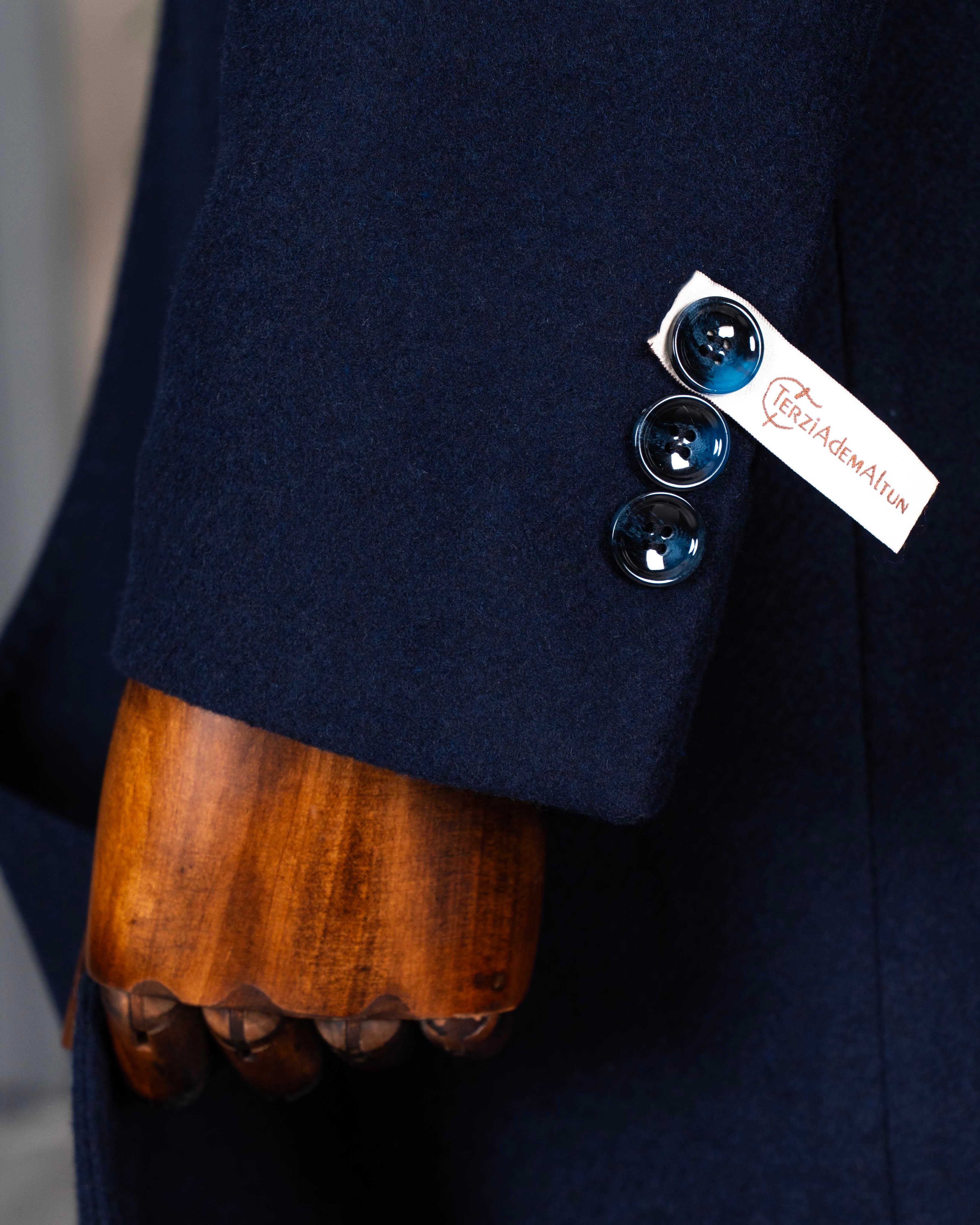 İtalyan stil slim fit kruvaze yün karışımlı kaşe erkek kaban lacivert T14716