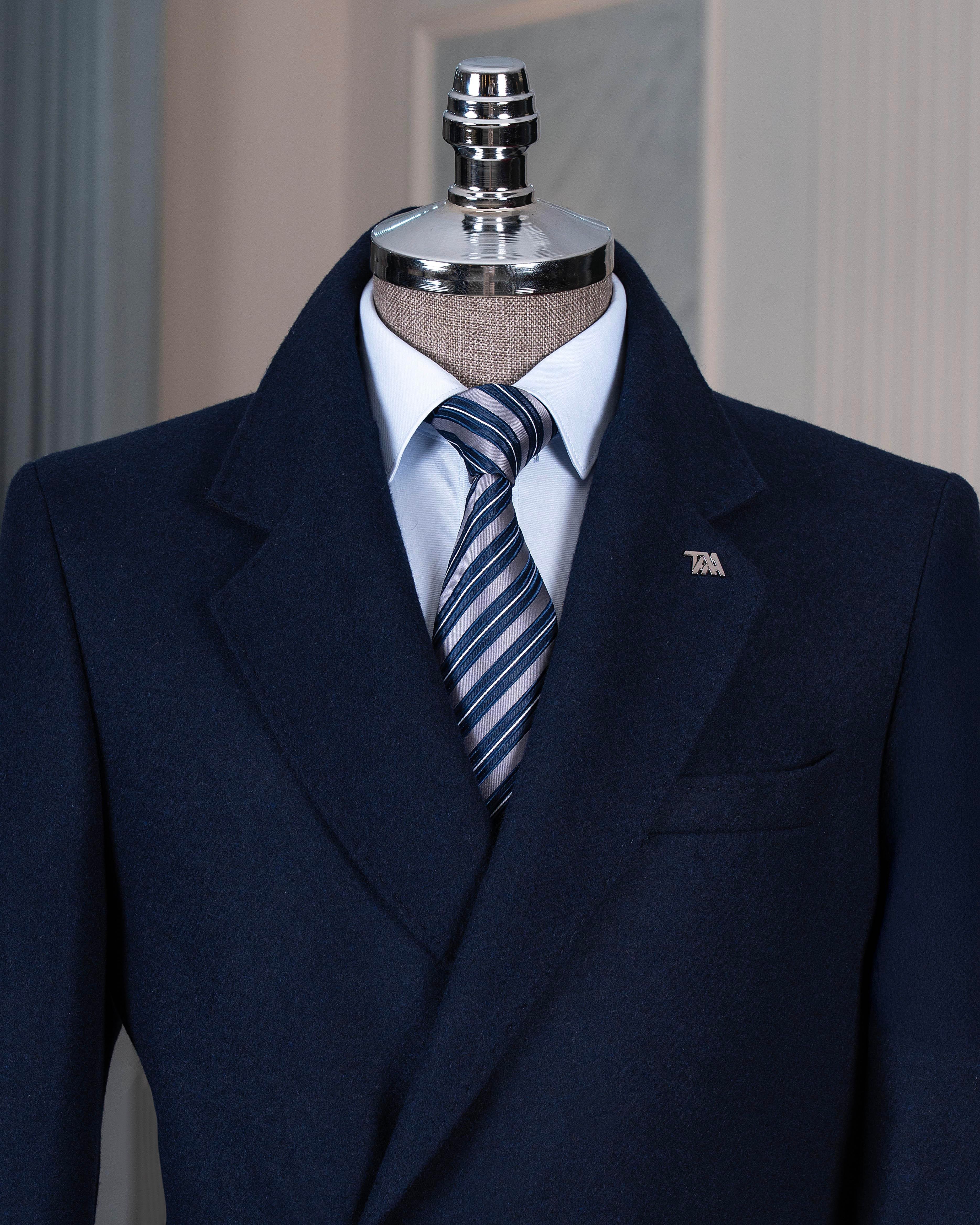 İtalyan stil slim fit kruvaze yün karışımlı kaşe erkek kaban lacivert T14716