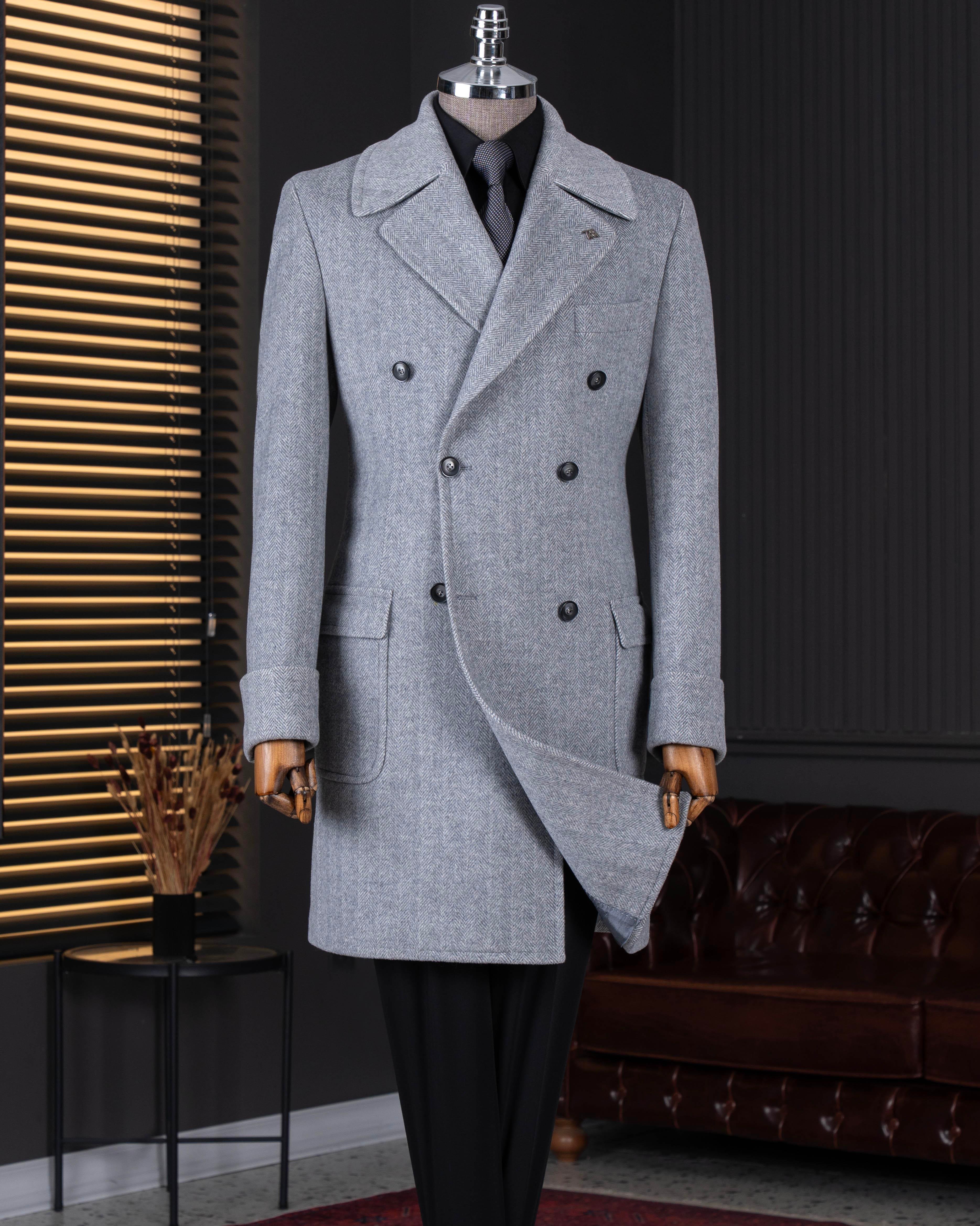 İtalyan stil slim fit kruvaze yün karışımlı kaşe erkek kaban gri T14711