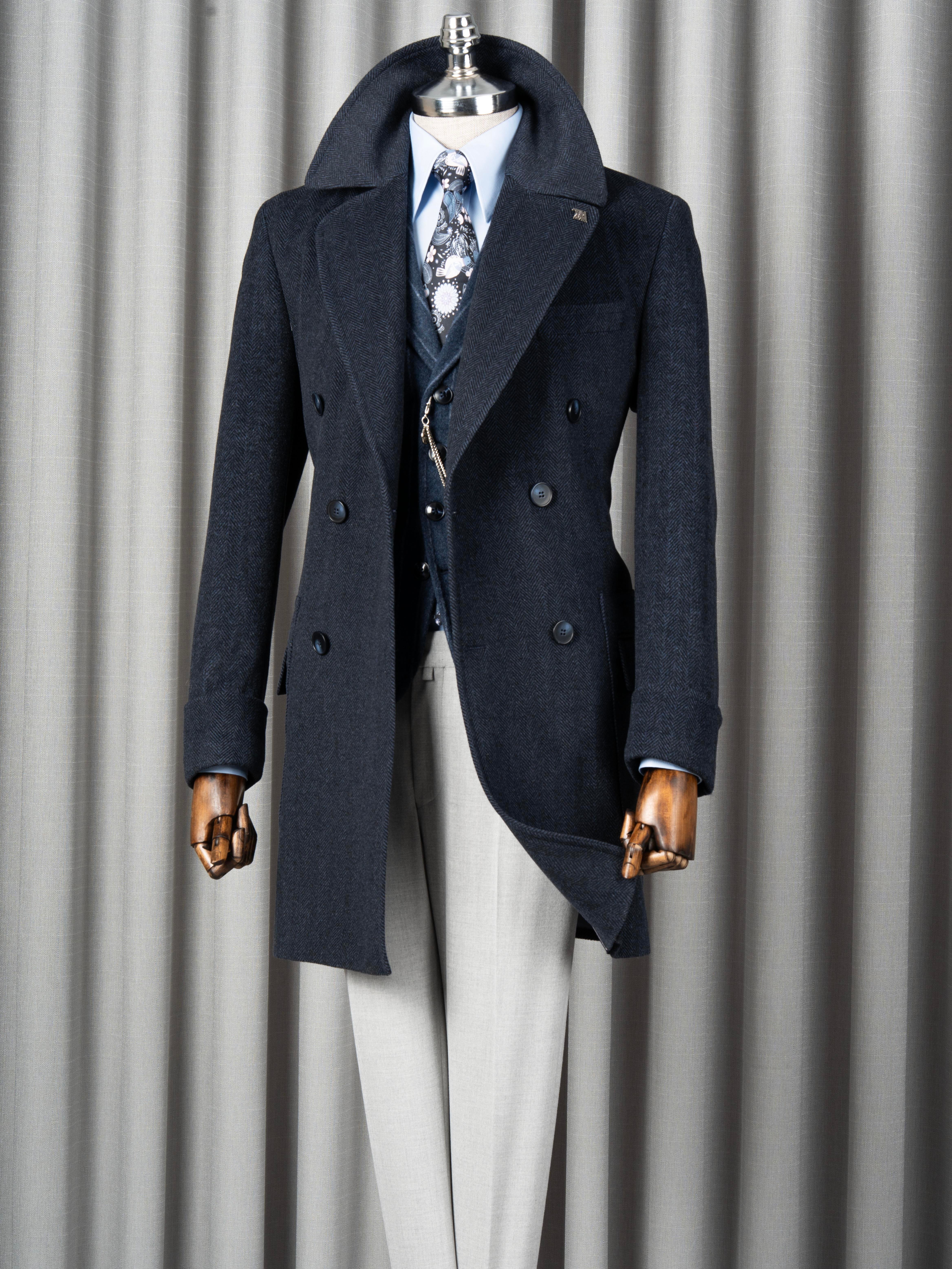 İtalyan stil slim fit kruvaze yün karışımlı kaşe erkek kaban lacivert T14712