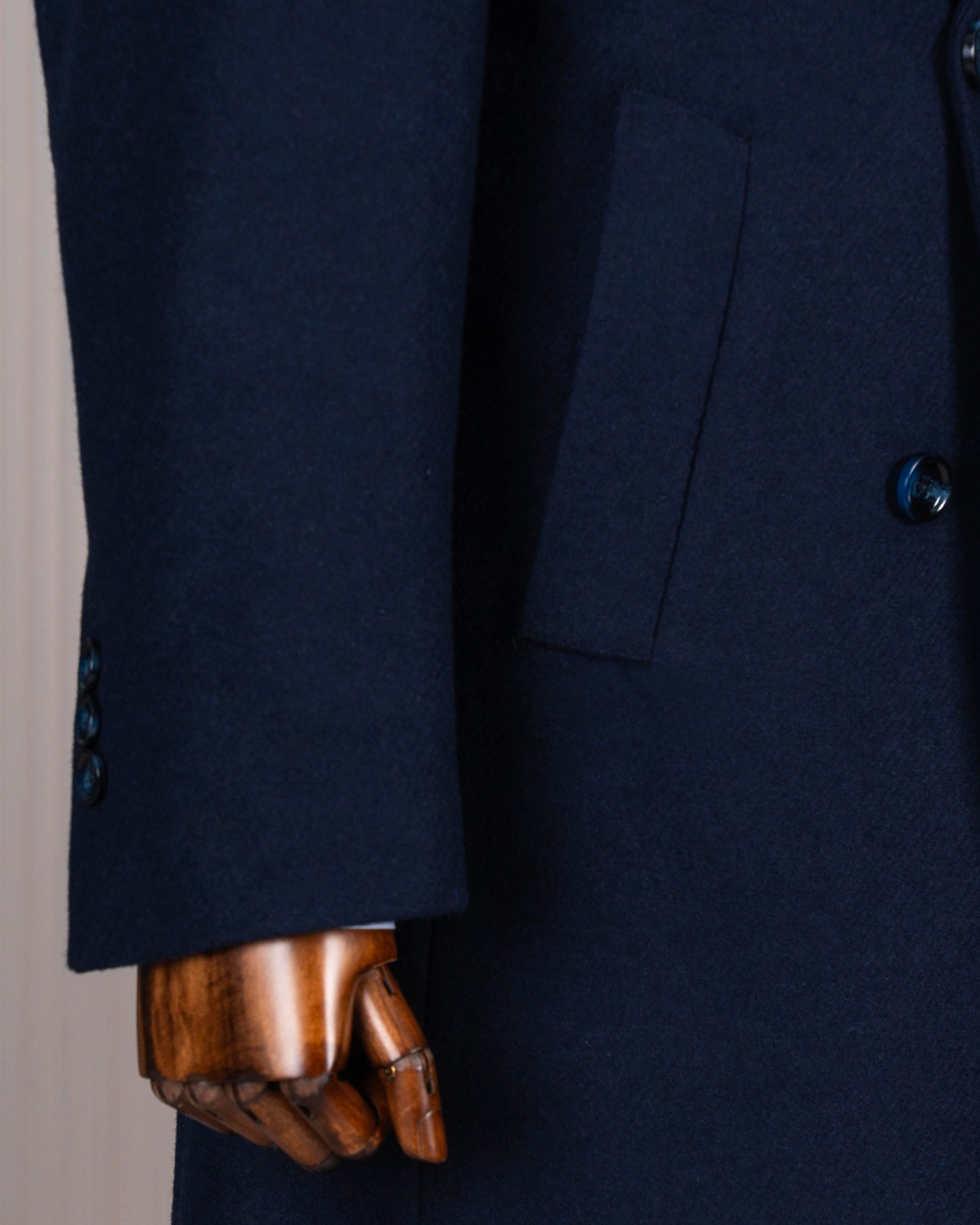 İtalyan stil slim fit kruvaze yün karışımlı kaşe erkek kaban lacivert T14716