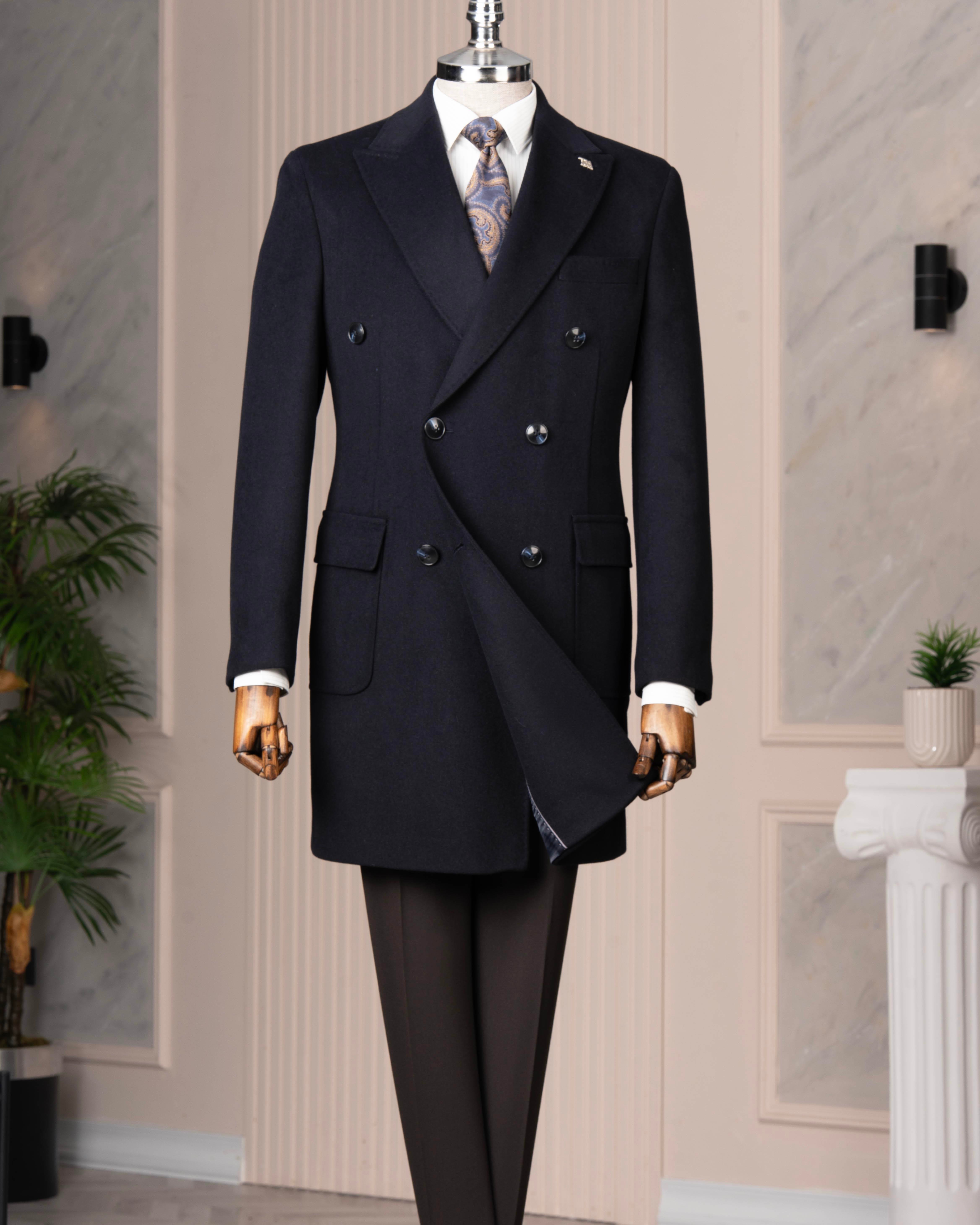 İtalyan stil slim fit kruvaze yün karışımlı kaşe erkek kaban lacivert T14691