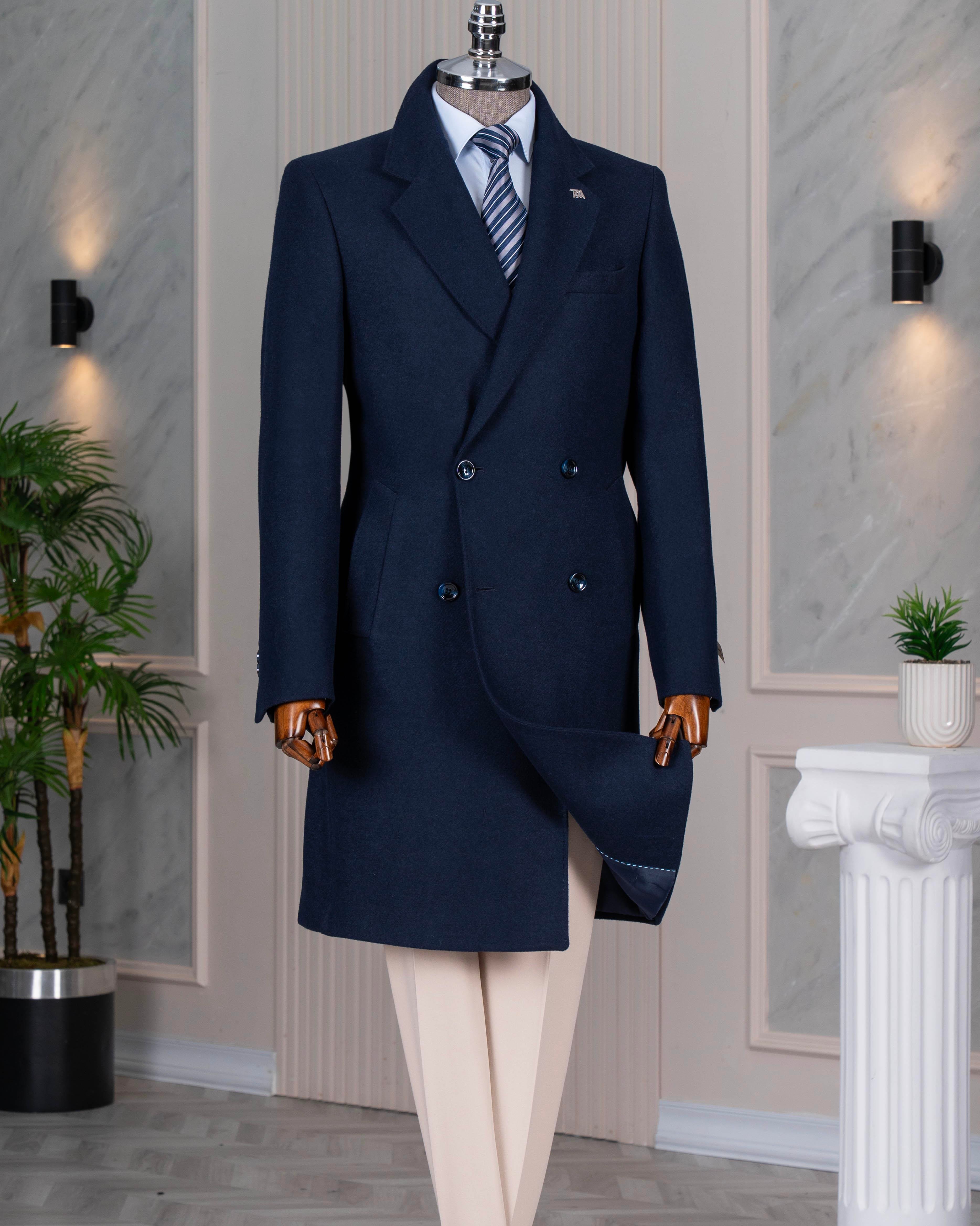 İtalyan stil slim fit kruvaze yün karışımlı kaşe erkek kaban lacivert T14716