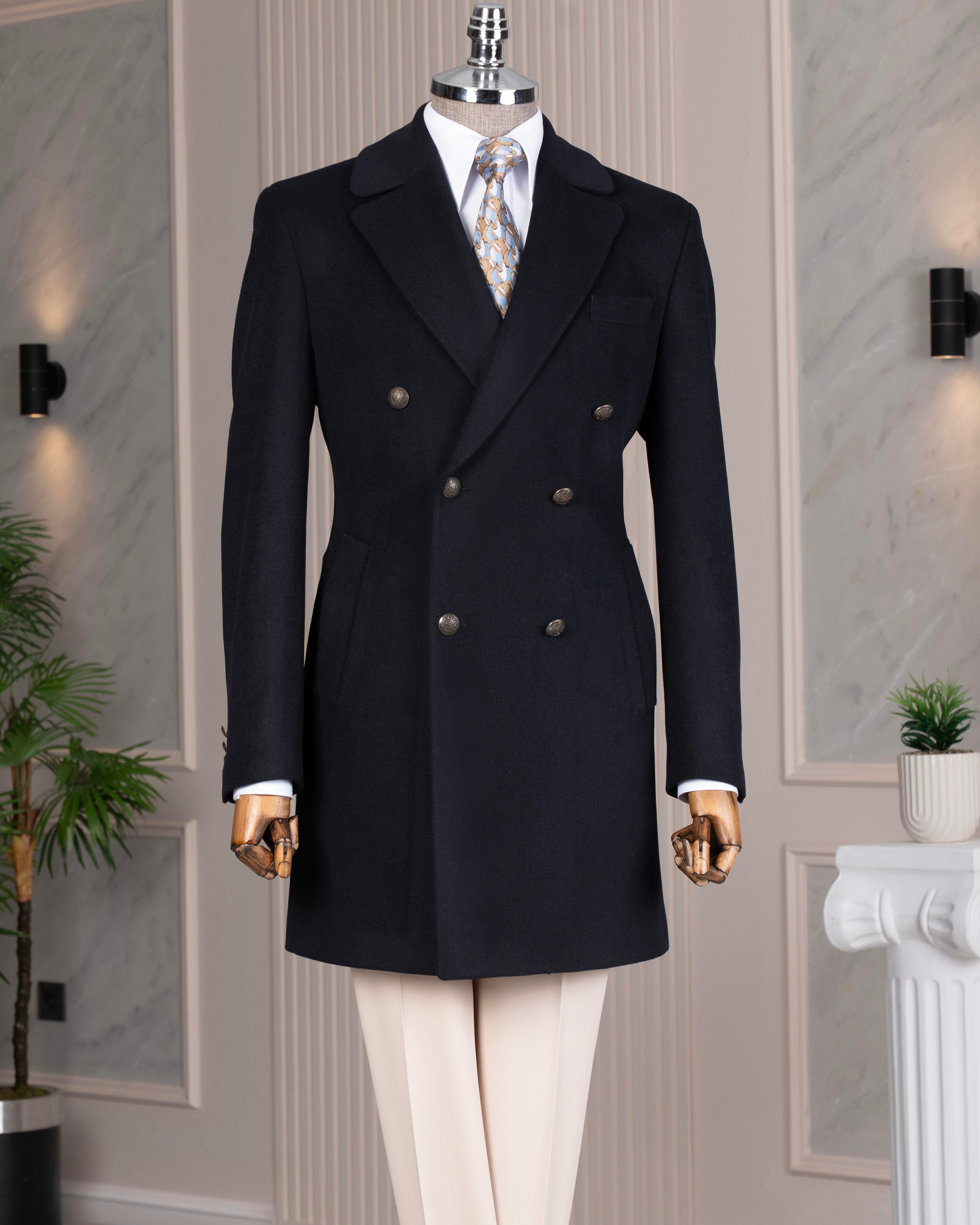 İtalyan stil slim fit kruvaze yün karışımlı kaşe erkek kaban lacivert T14708