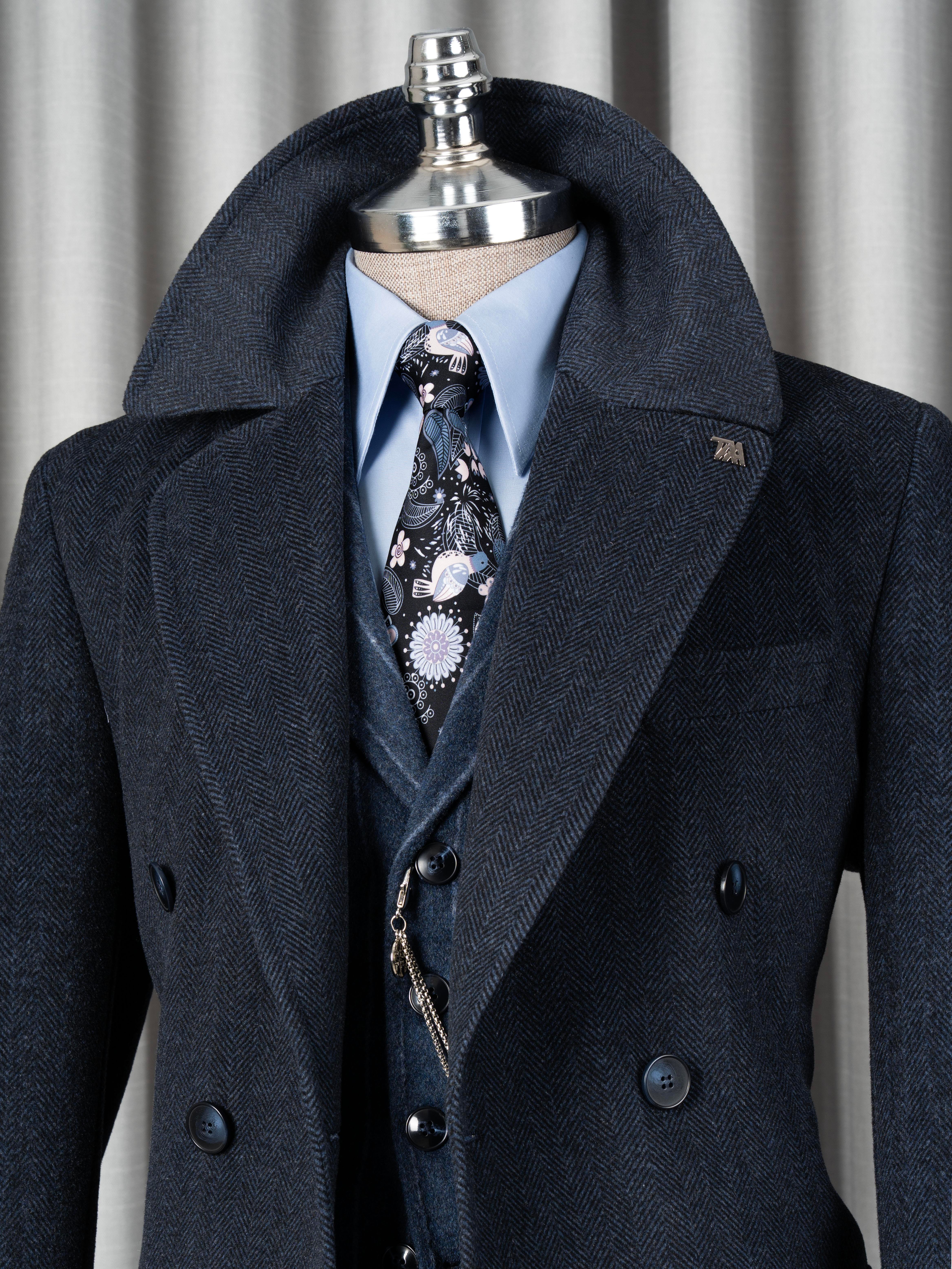 İtalyan stil slim fit kruvaze yün karışımlı kaşe erkek kaban lacivert T14712