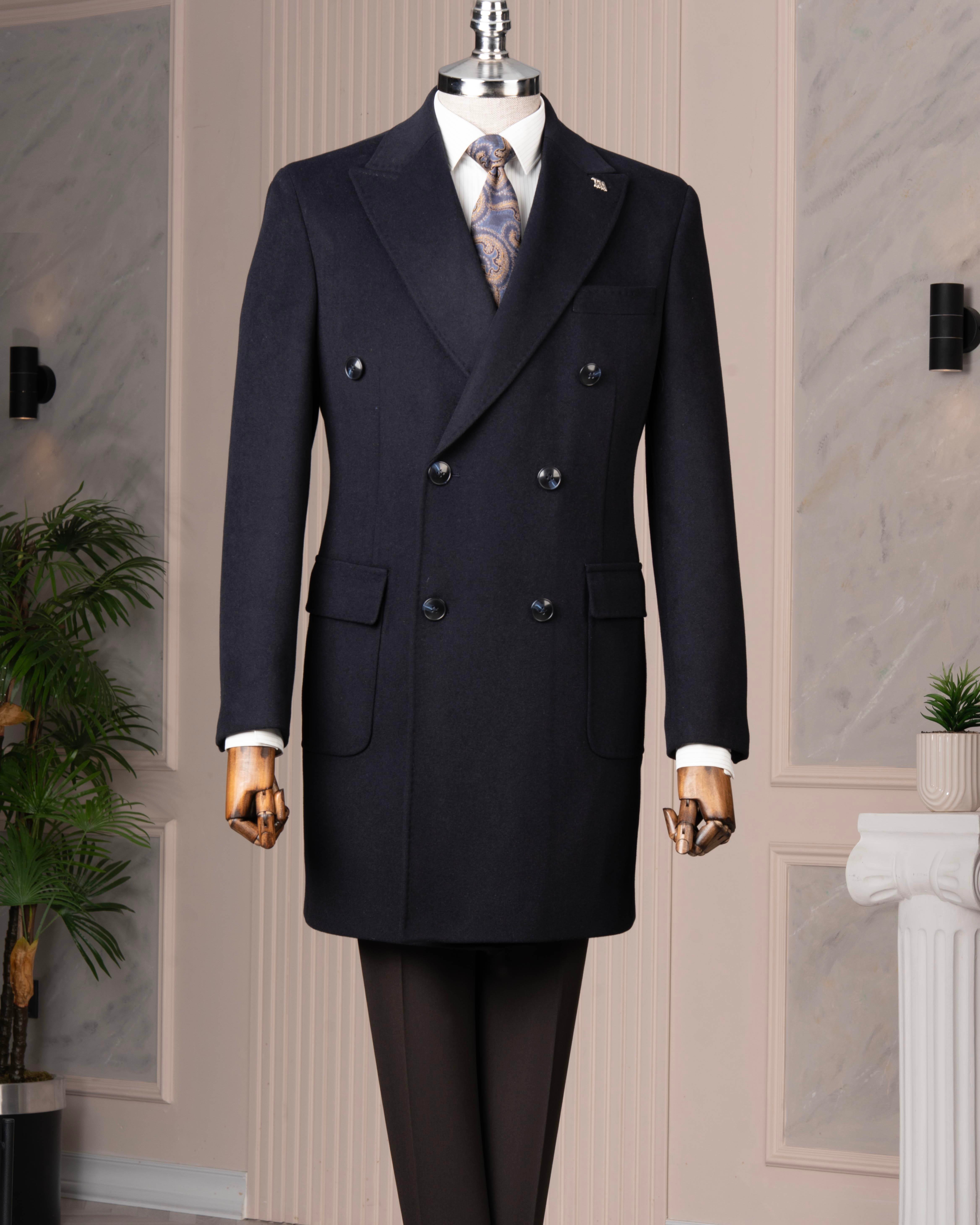 İtalyan stil slim fit kruvaze yün karışımlı kaşe erkek kaban lacivert T14691