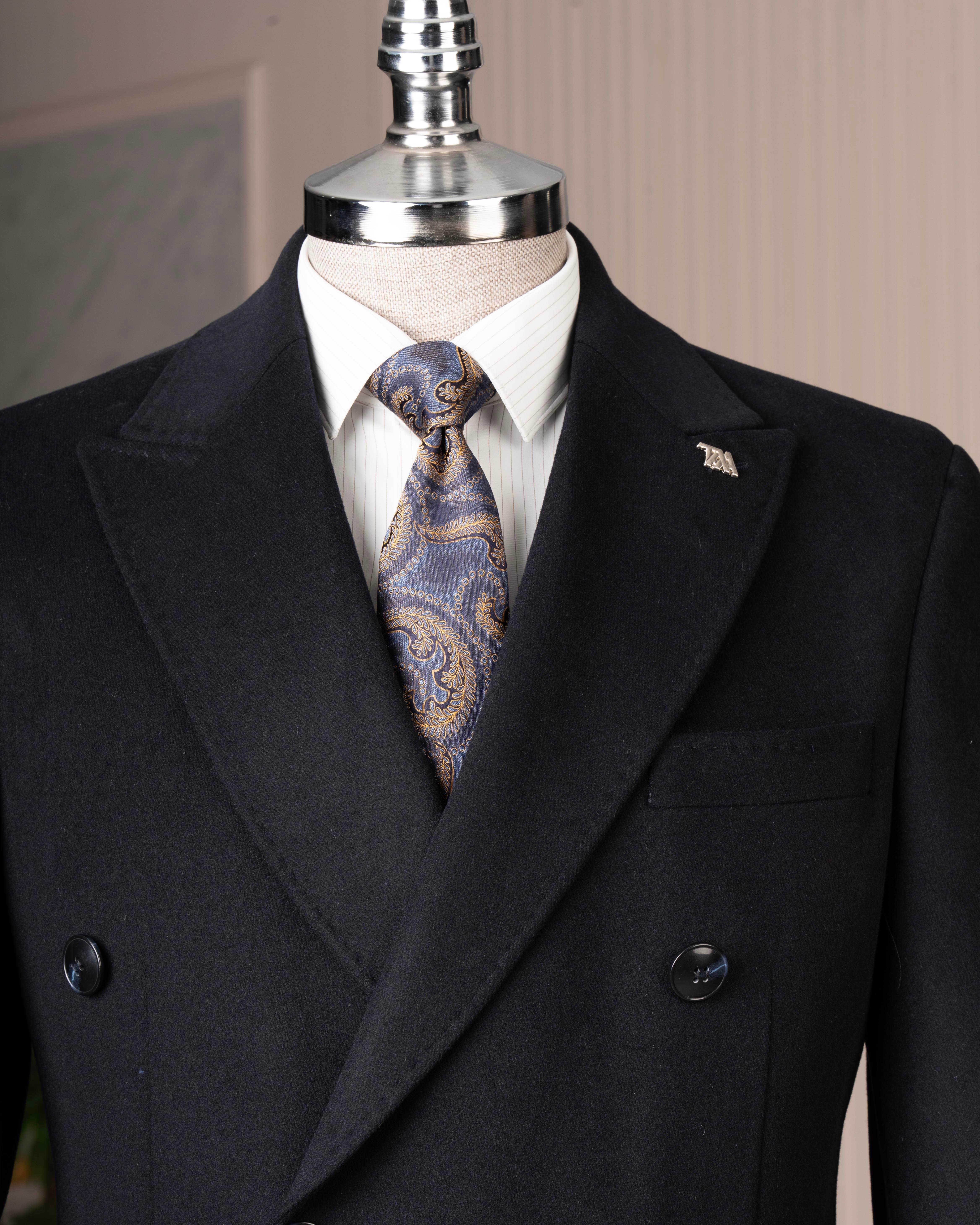 İtalyan stil slim fit kruvaze yün karışımlı kaşe erkek kaban lacivert T14691