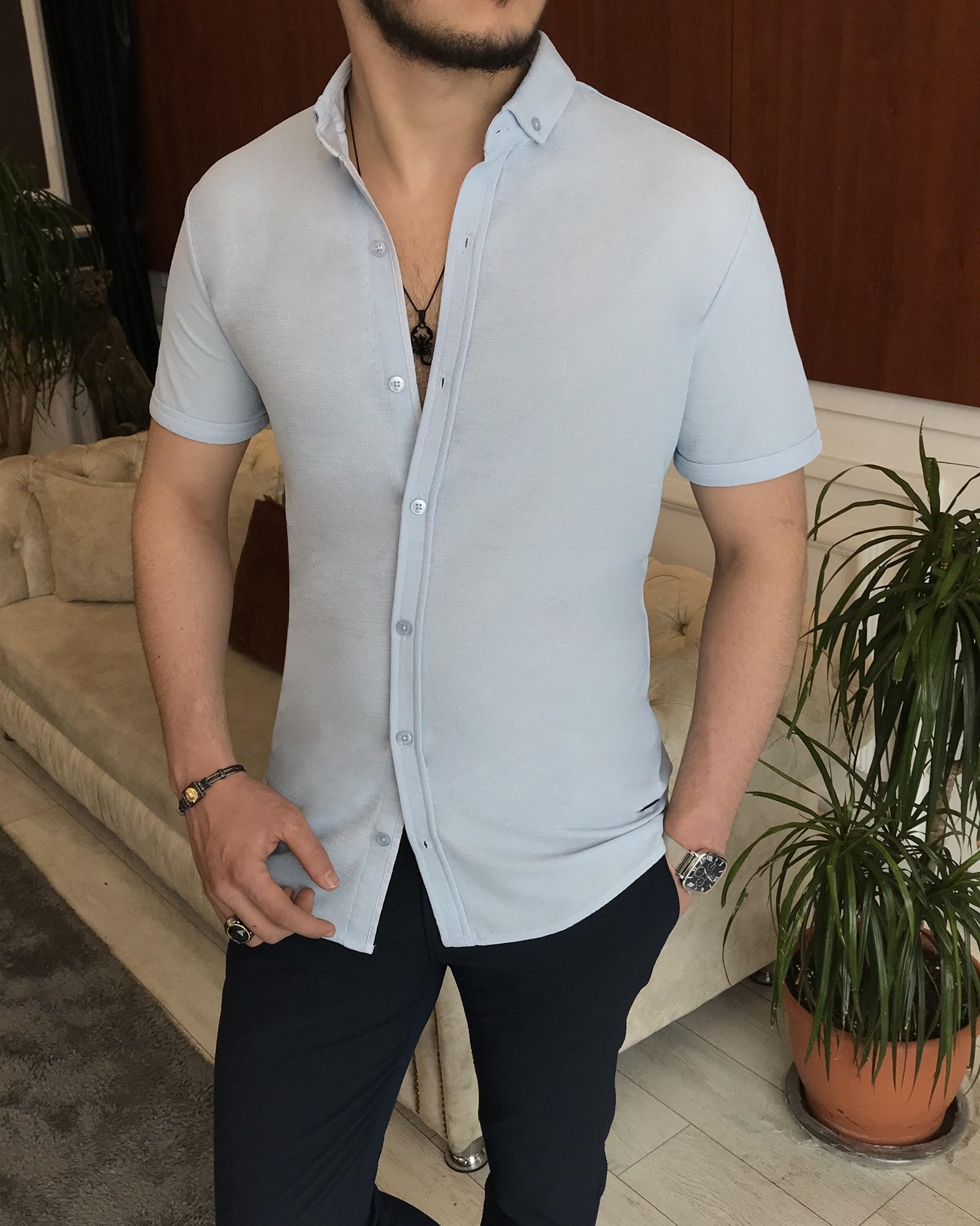 İtalyan stil slim fit küçük yaka kısa kollu gömlek Mavi T7110