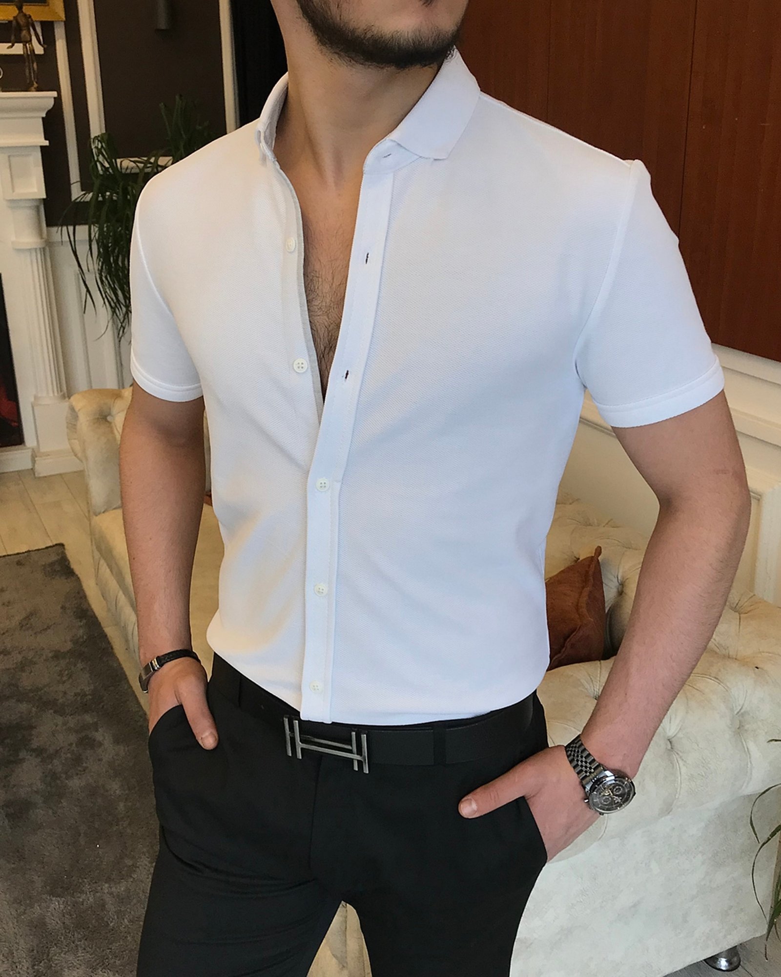 İtalyan stil slim fit küçük yaka kısa kollu gömlek Beyaz T7103