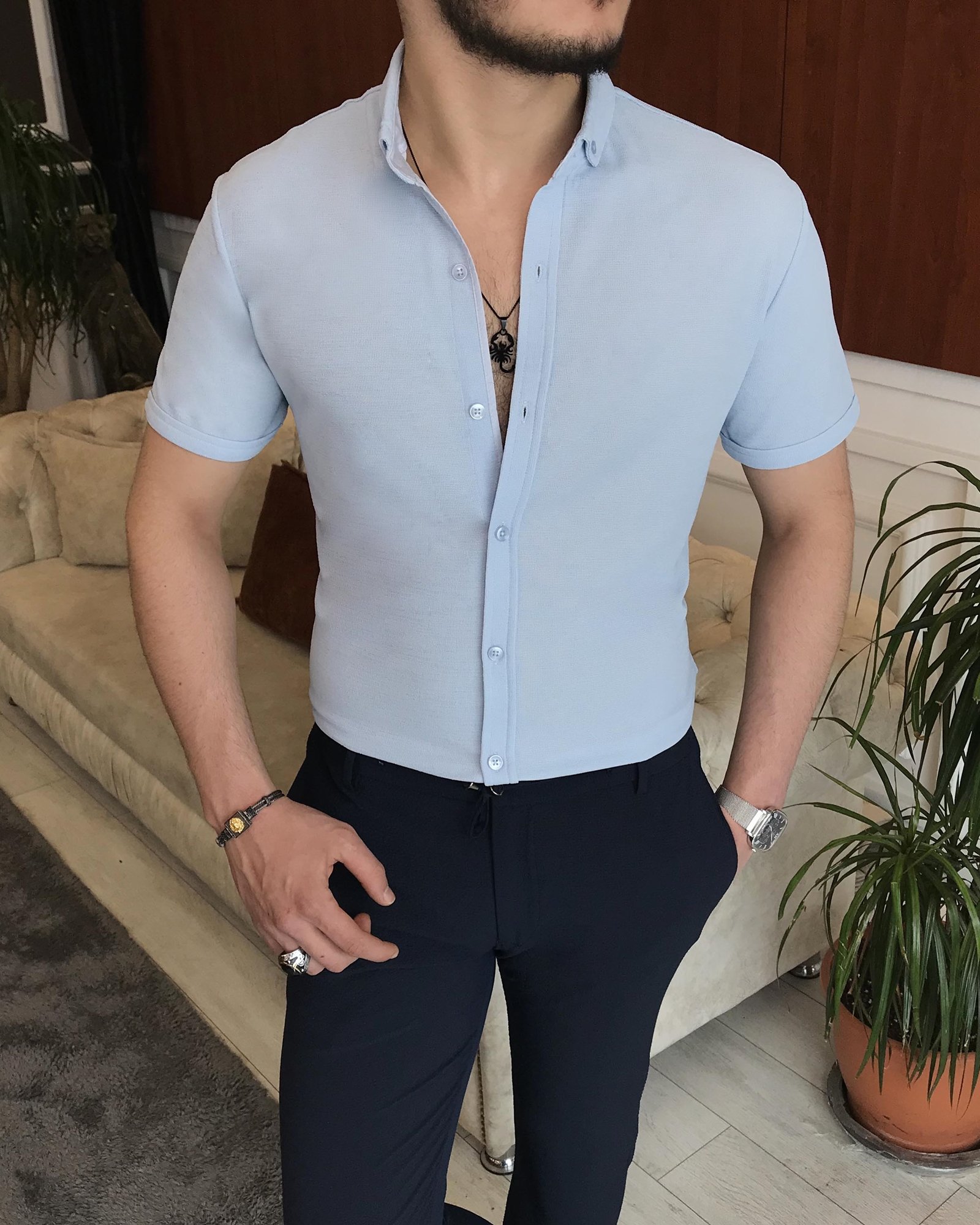 İtalyan stil slim fit küçük yaka kısa kollu gömlek Mavi T7110