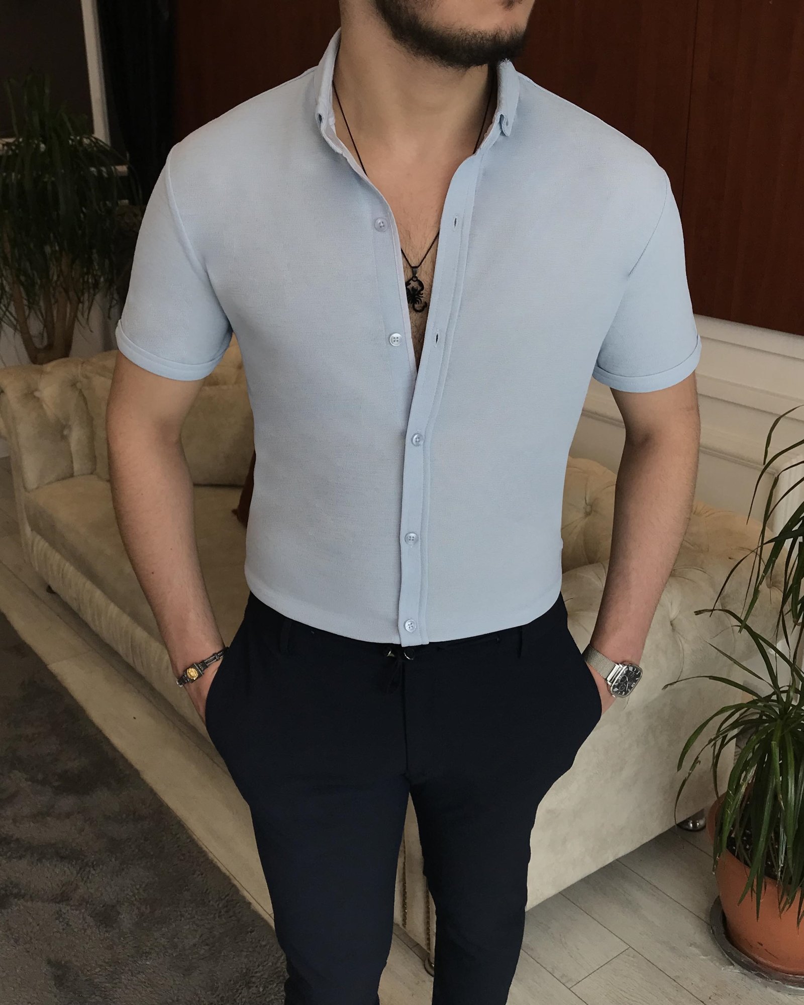 İtalyan stil slim fit küçük yaka kısa kollu gömlek Mavi T7110