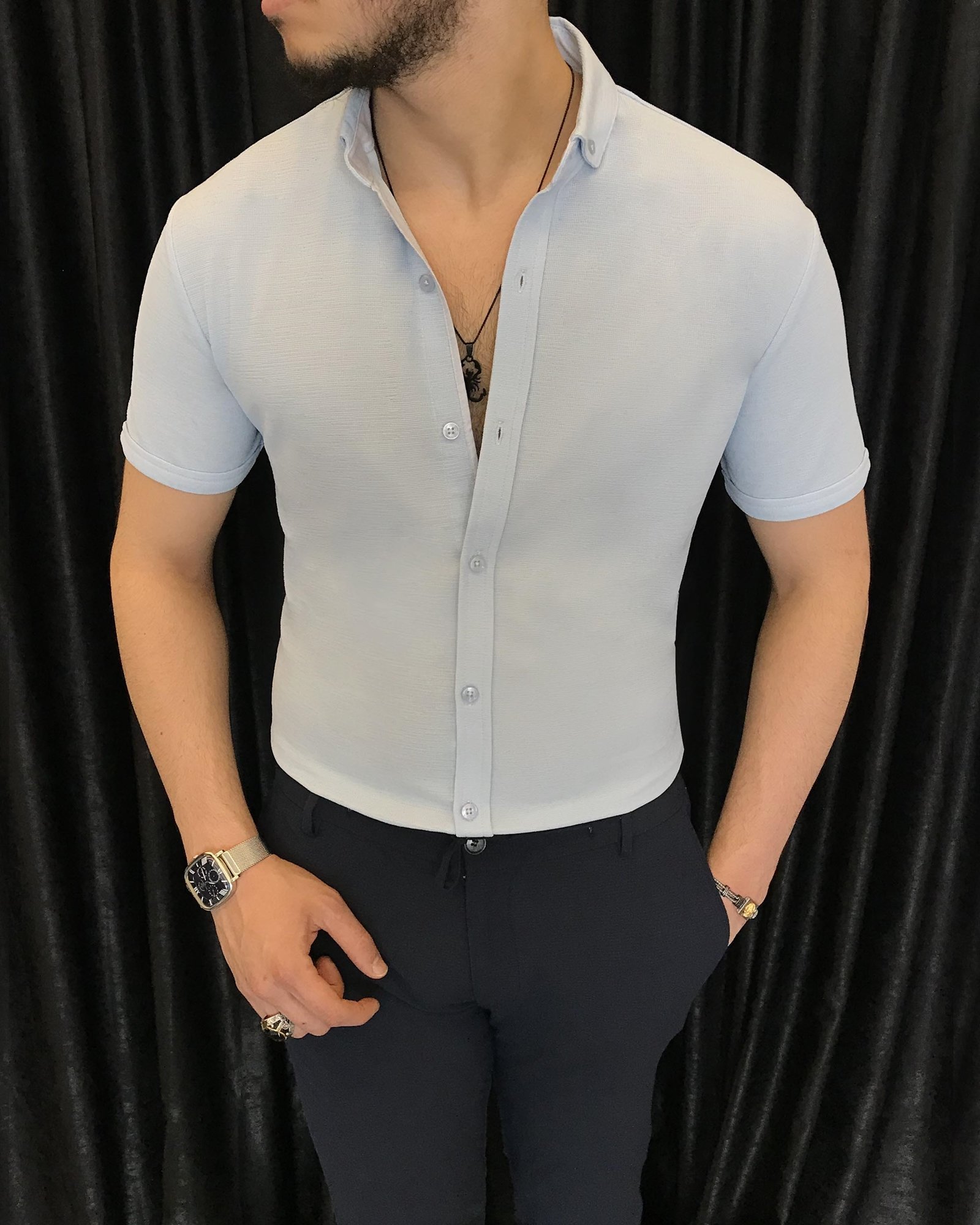 İtalyan stil slim fit küçük yaka kısa kollu gömlek Mavi T7110