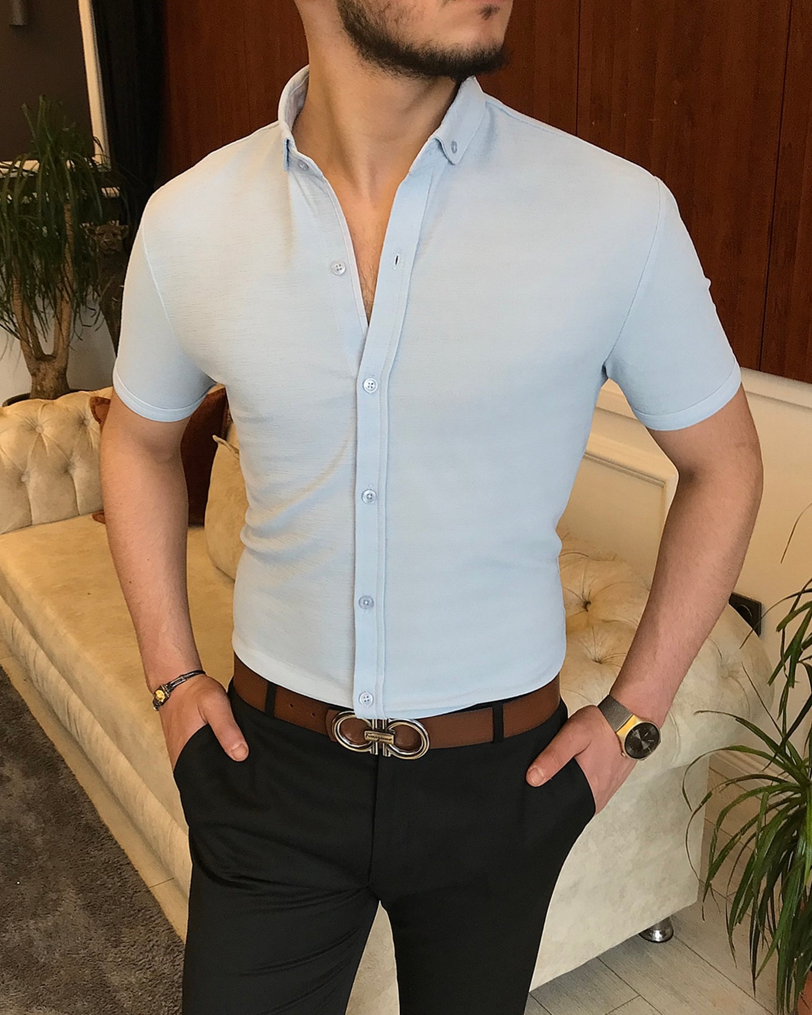 İtalyan stil slim fit küçük yaka kısa kollu gömlek Mavi T7110